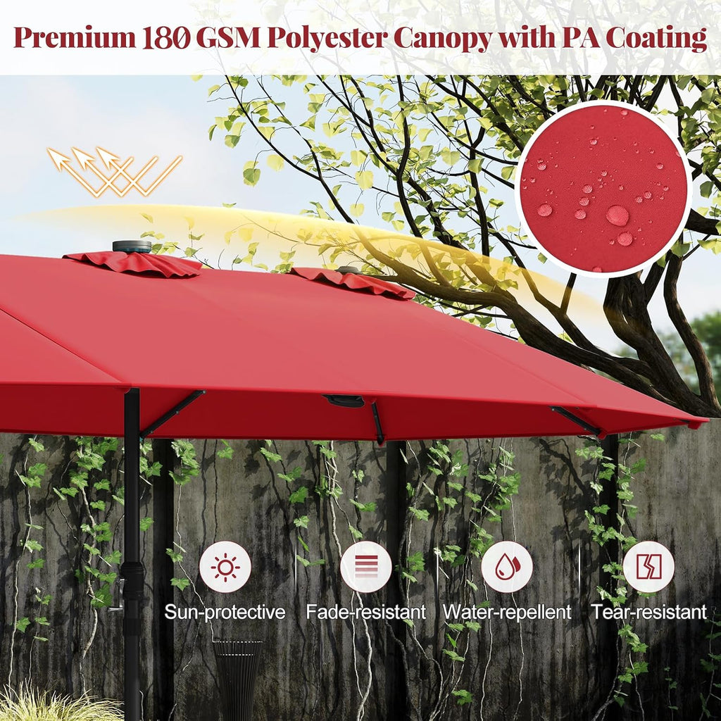 Tangkula 15FT Double-Sided Solar Patio Umbrella, Extra-Large Outdoor Twin Umbrella with 48 LED Lights, Vented Top, Crank Handle, 12 Ribs, Weighted Base Included for Backyard Poolside Deck (Wine)