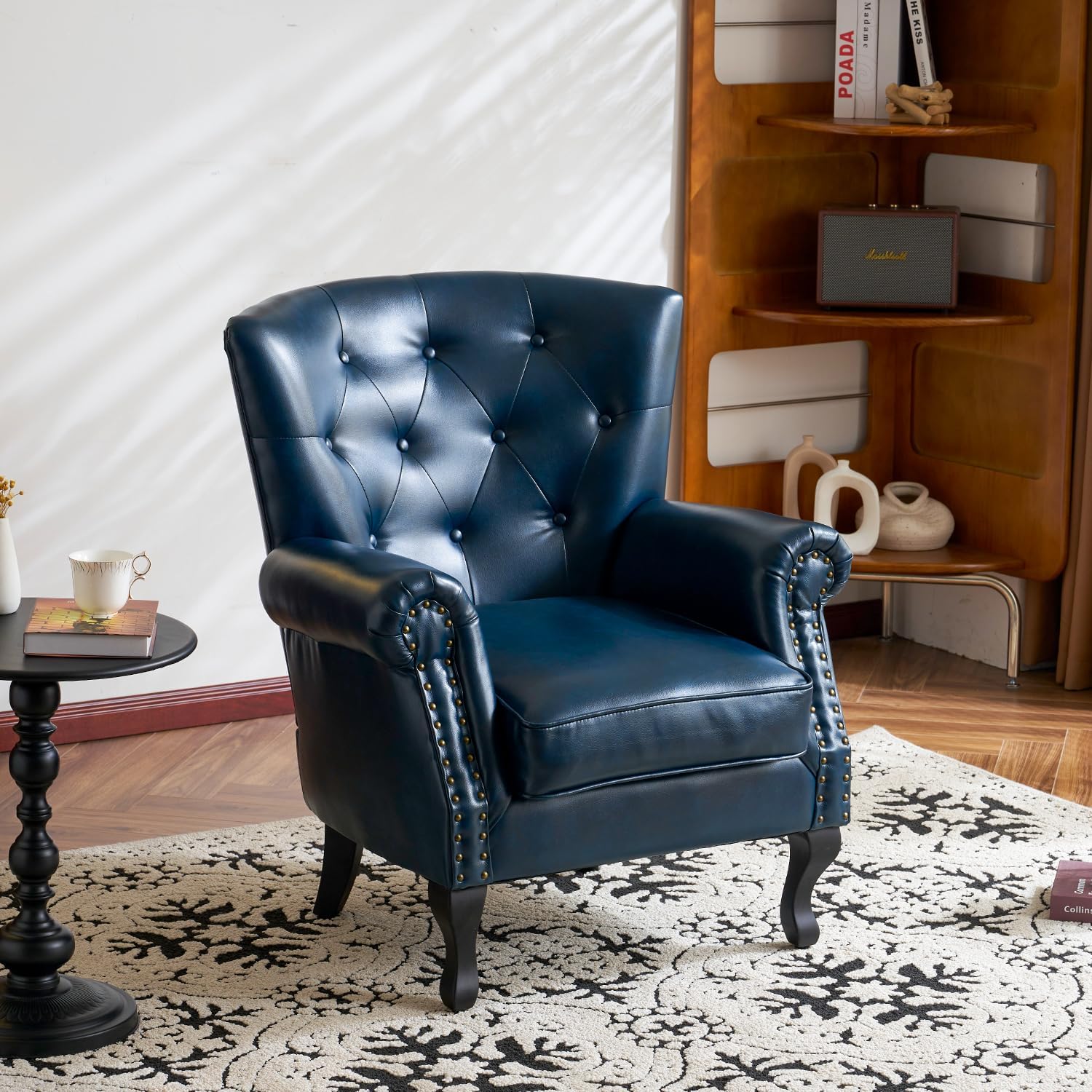 MOJAY PU Leather Accent Chair Set of 2, Mid-Century Modern Armchair Living Room Club Chair with Tufted Button & Rivet Trim, Upholstered Sofa Chair with Sturdy Wood Legs for Bedroom (Navy)