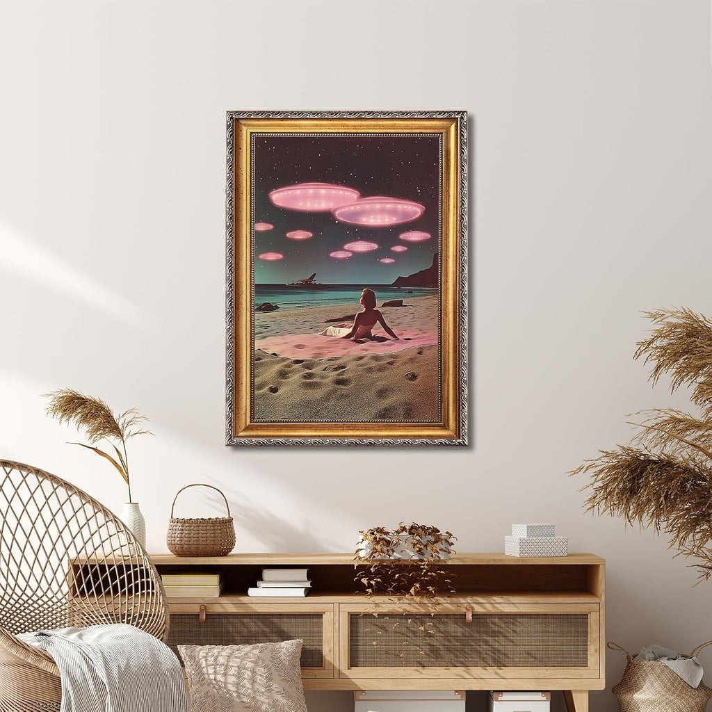 Retro UFO Beach Wall Art Canvas Print Surreal Alien Seaside Encounter Poster Painting Vintage Sci-Fi Artwork Framed Eclectic Trippy Spaceship Picture Wall Decor for Living Room Office Cafe 24x36inch