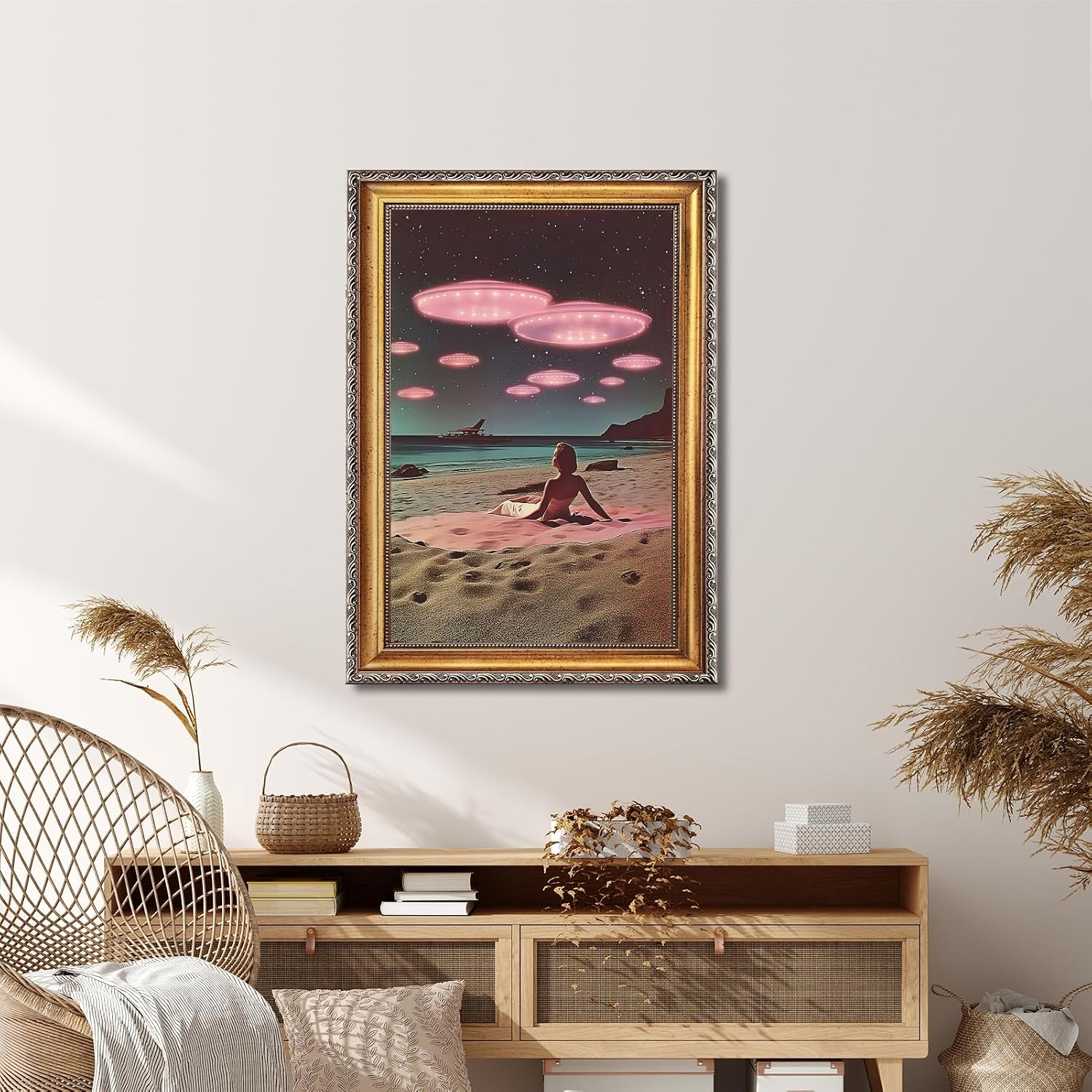 Retro UFO Beach Wall Art Canvas Print Surreal Alien Seaside Encounter Poster Painting Vintage Sci-Fi Artwork Framed Eclectic Trippy Spaceship Picture Wall Decor for Living Room Office Cafe 24x36inch