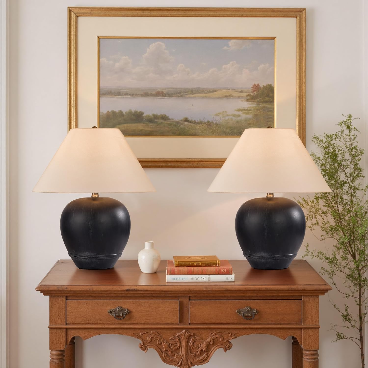 Farmhouse Ceramic Table Lamp, 18' Rustic Table Lamp with Linen Shade, ‎Bedside Nightstand Lamps for Bedroom, Living Room, E26 Socket, Black