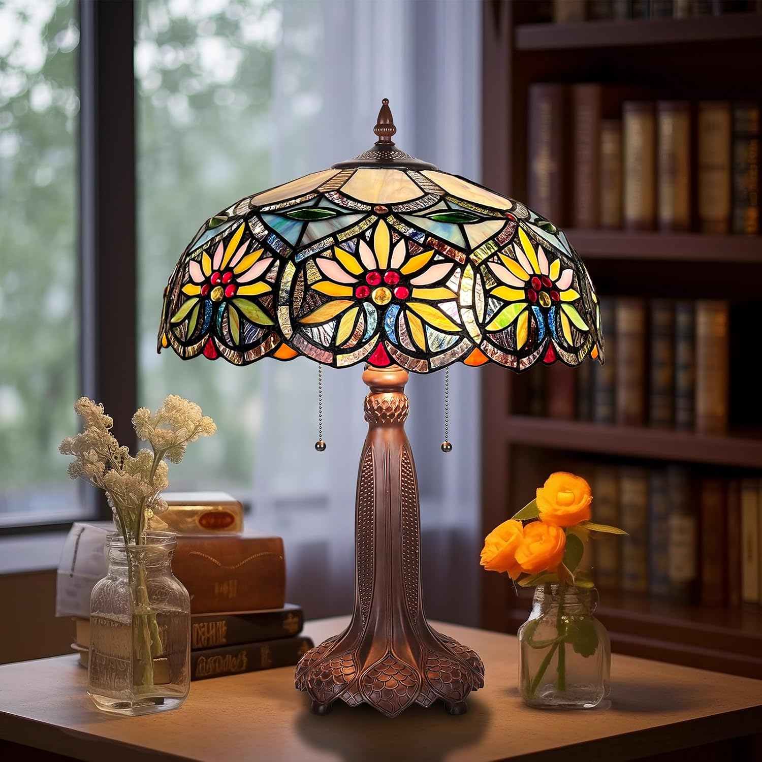 Capulina Tiffany Lamp Stained Glass Table Lamp 2-Light 16X16X24 Inches Gorgeous Grape Sunflower Tiffany Style Desk Lamp for Bedrooms Living Room Study Home Office