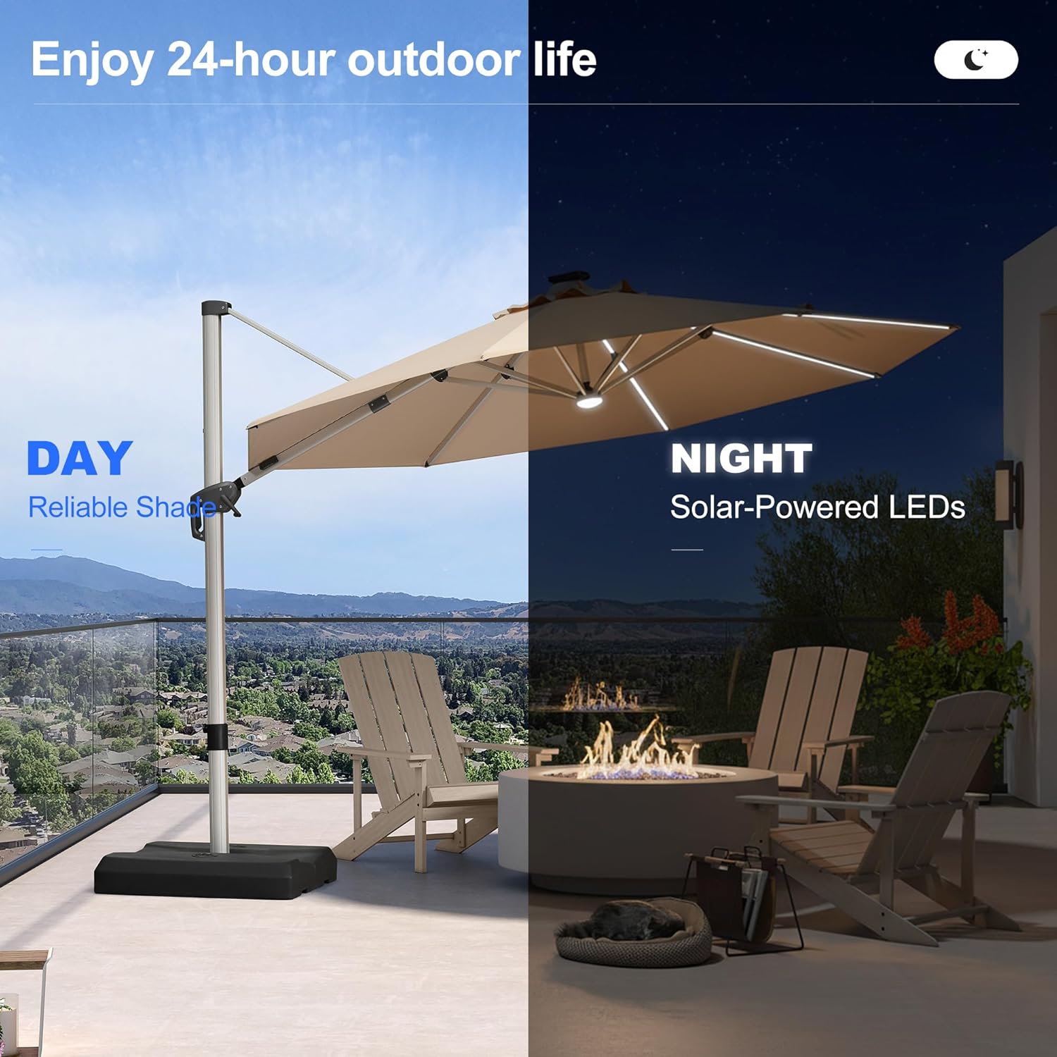 PURPLE LEAF Cantilever Umbrella with base 11ft Outdoor Round Patio Solar Powered LED Umbrella with 360-degree Rotation for Garden Deck Pool Patio, Beige