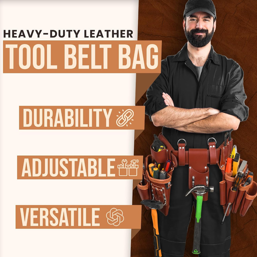 Daisy Leather PRO DL-101 Oil tanned Premium 25 pockets Heavy duty Tool Belt, Carpenter belt Pouch for Construction, Carpenter, Craftsman and Electricians workers, Black, X-Large (Cherry Leather)