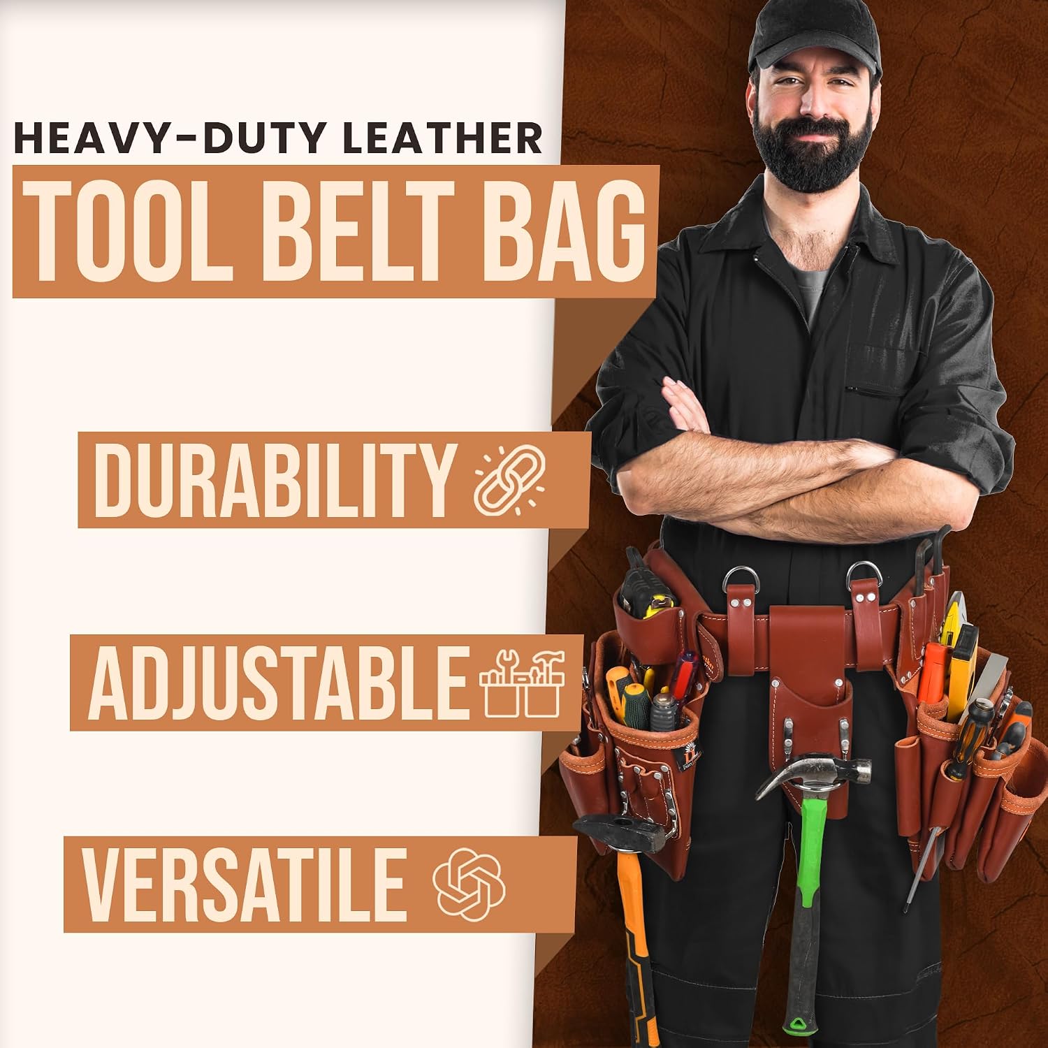 Daisy Leather PRO DL-101 Oil tanned Premium 25 pockets Heavy duty Tool Belt, Carpenter belt Pouch for Construction, Carpenter, Craftsman and Electricians workers, Black, X-Large (Cherry Leather)