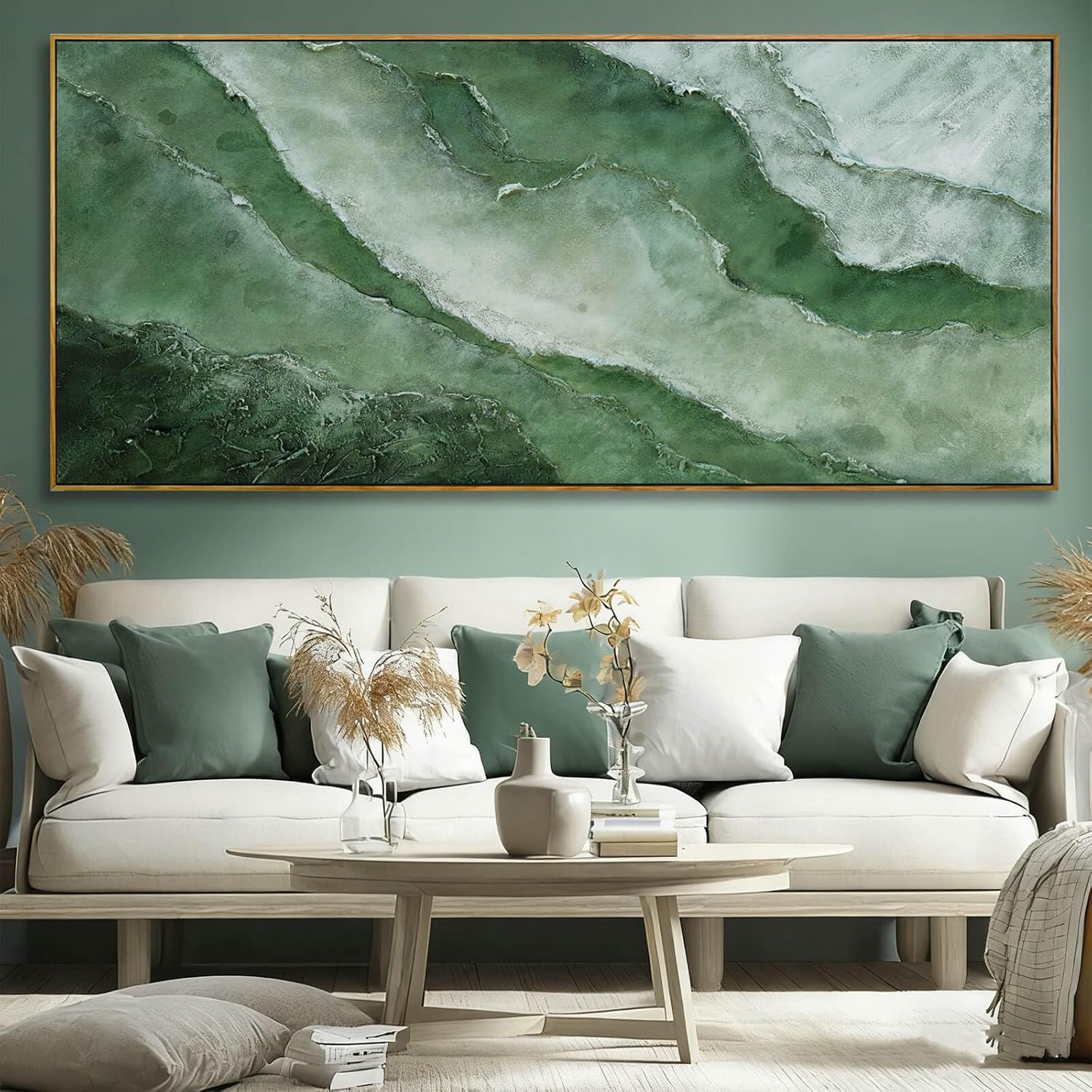 Large Canvas Wall Art 32x70 Inch, Green Landscape Style Framed Canvas Wall Art, Modern Horizontal Printed Wall Art with Wooden Frame for Living Room Decor