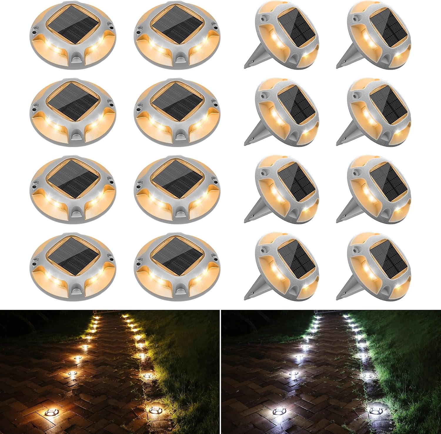 VOLISUN Solar Driveway Lights Dock Deck Lights 16 Pack,2 Colors in 1 Led IP67 Waterproof Outdoor Warning Step Lights for Driveway Sidewalk Pathway (White/Warm White)