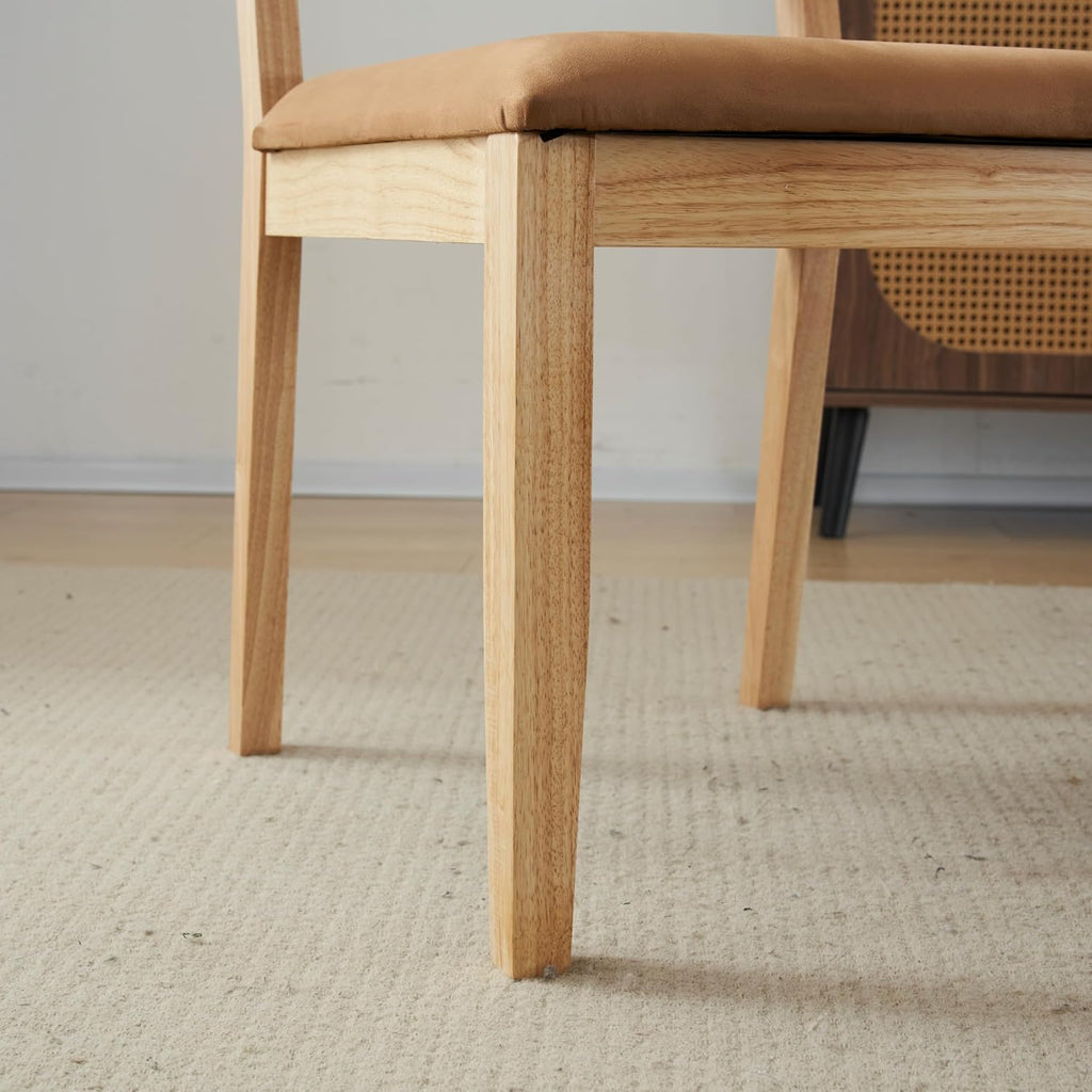 VINGLI Brown Woven Wooden Dining Chairs Set of 2,Armless Mid Century Modern Desk Chairs with Rivet&Foot Pegs,Upholstered Farmhouse Comfy Chair No Wheels for Dining Room,Living Room,Kitchen,Oak,Suede