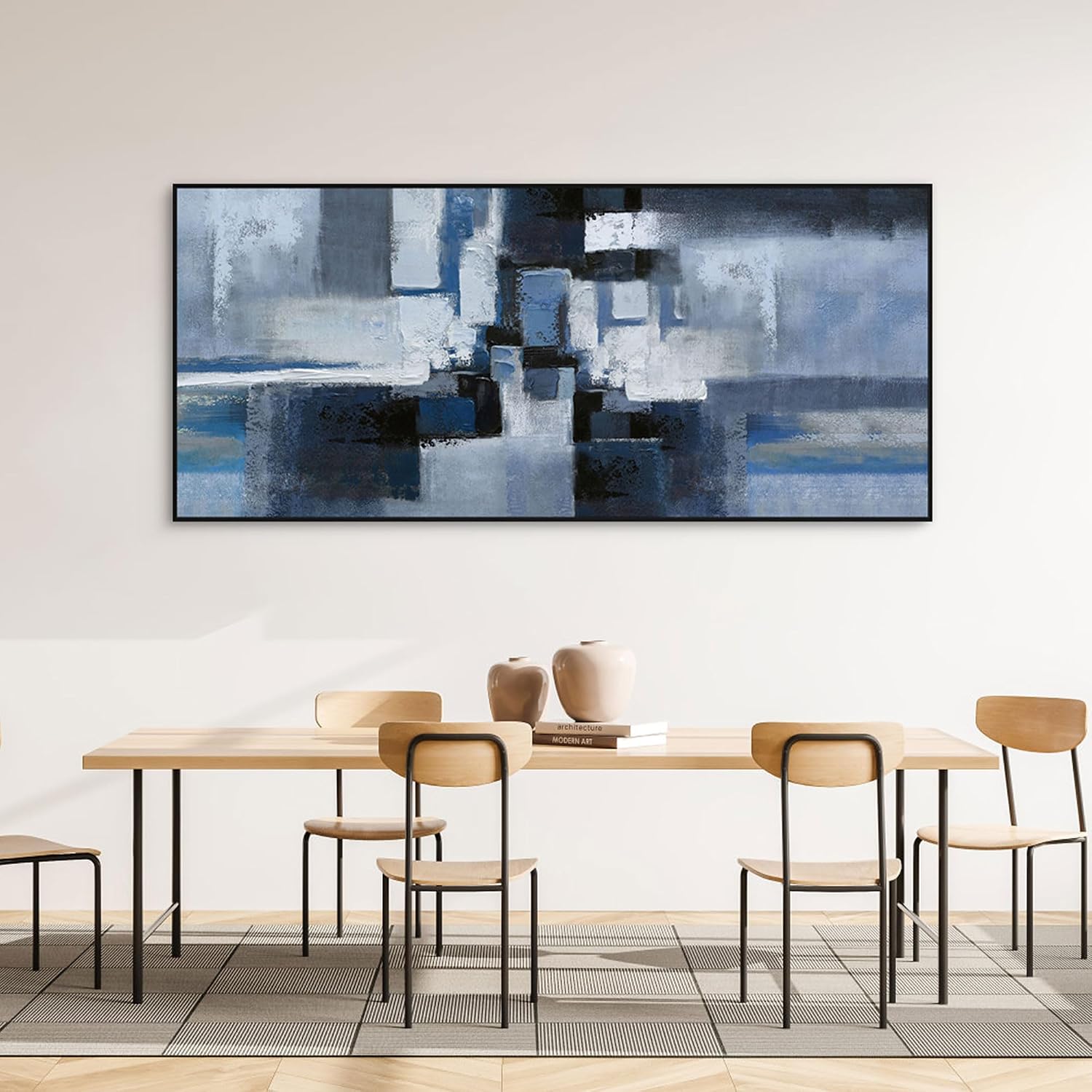 KLAKLA Abstract Wall Art for Living Room - Large Framed Canvas Blue and Black Pictures Artwork for Walls Bedroom Office Modern Wall Decor - 70x31 Inches