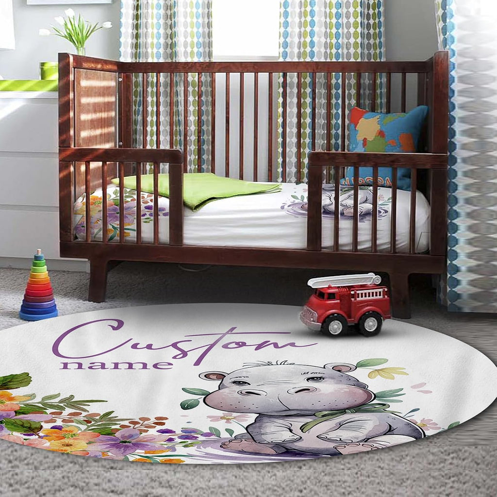 Personalized Crib Bedding Set for Baby Girls, Purple Hippo Pattern Custom Name Baby Crib Sets 5-Pcs, Double Layer Baby Blanket Fitted Sheet Changing Pad Cover Rug Wall Art Set