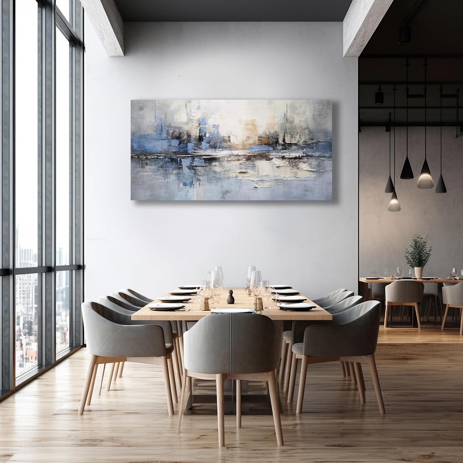 VHMING Abstract Wall Art Wall Decor Blue and Gray White Modern Canvas Wall Paintings Abstract Artwork for Living Room Bedroom Bathroom Office Home Decor Can Be Hung Directly 29'x 58'