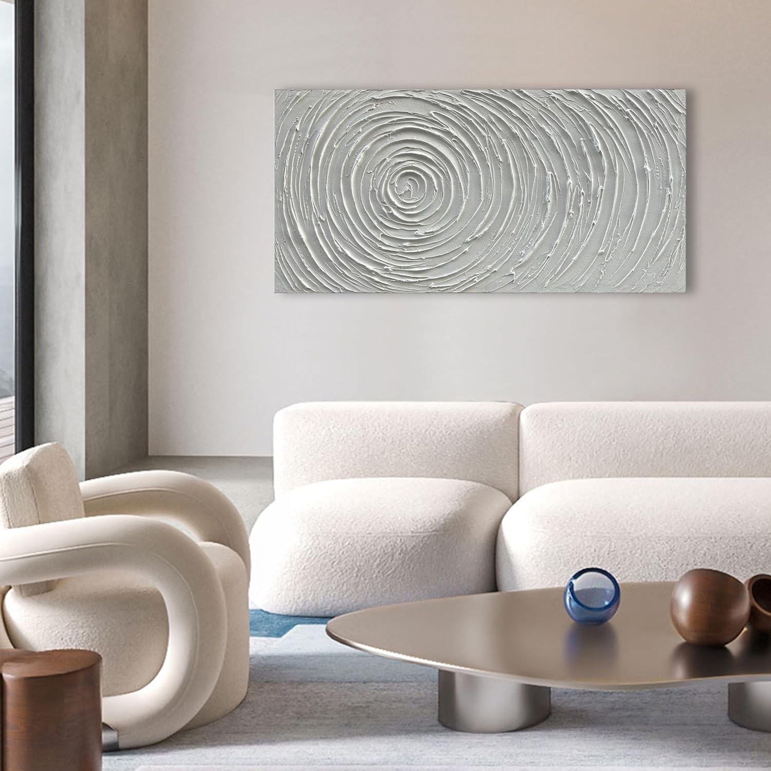 Hand-Painted White Textured Abstract Art Oil Painting Contemporary Minimalist Art Painting Living Room Bedroom Wall Decoration 24x48 inches