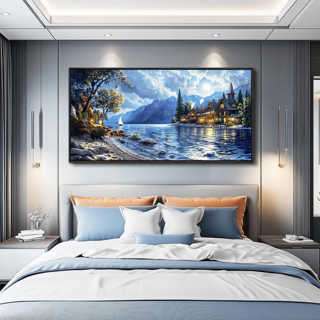 XIGUANGART Coastal Wall Art Blue Ocean Picture Mountain Wall Decor Lake Beside Countryside Large Canvas Print Art for Living Room Bedroom Home Office Forest Scenery Painting Decoration Framed Artwork