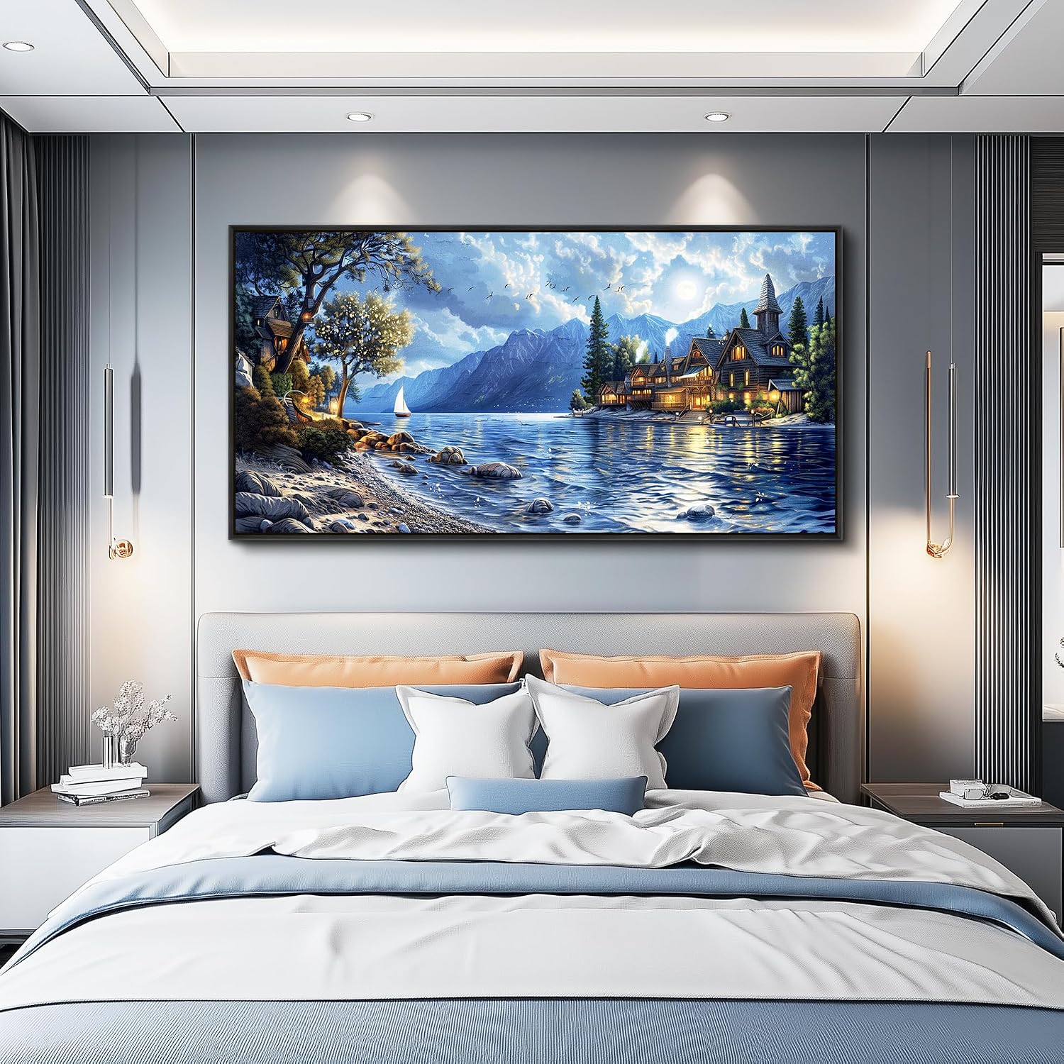 XIGUANGART Coastal Wall Art Blue Ocean Picture Mountain Wall Decor Lake Beside Countryside Large Canvas Print Art for Living Room Bedroom Home Office Forest Scenery Painting Decoration Framed Artwork