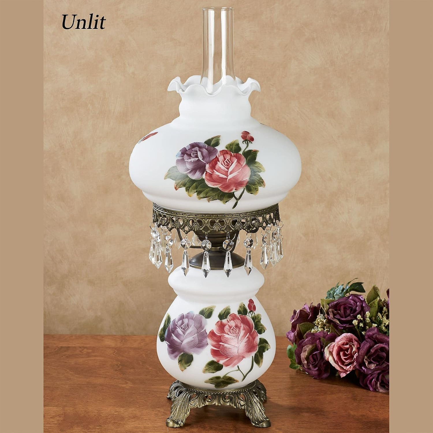 Touch of Class Olivia Jane Hurricane Table Lamp - White - Antique Brass Metal Base, Acrylic Crystal Gems, Glass Scalloped Shade - Vintage Bedroom Aesthetic, Victorian Style Lamps