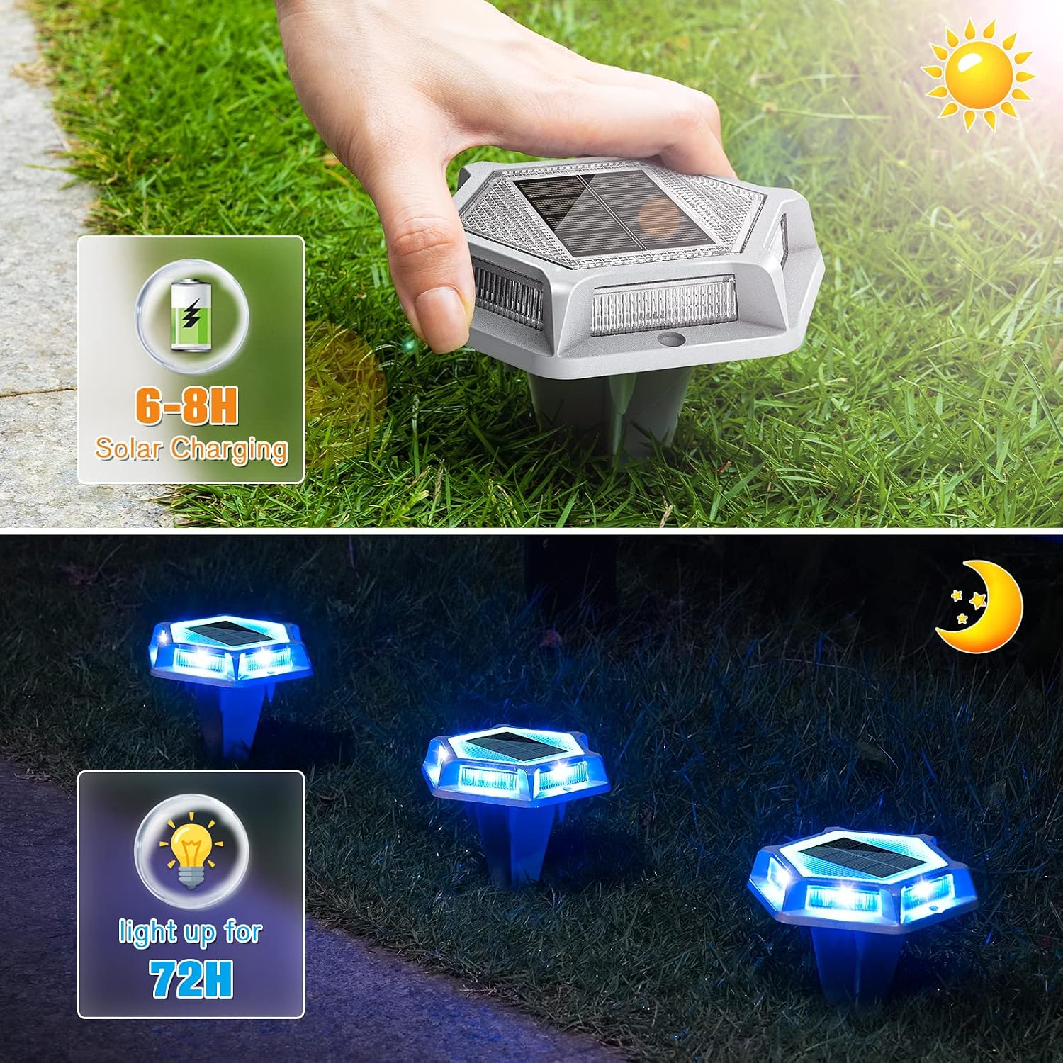 VOLISUN Solar Driveway Lights Dock Outdoor Waterproof Marker Lights,16 Pack Solar Deck Lights 2 Colors in 1 Led Wireless IP67,Solar Blue Deck Lights for Sidewalk Pathway Yard(White/Blue),Auto On/Off