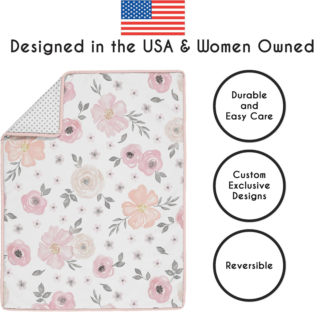 Sweet Jojo Designs 6-Piece Baby Crib Bedding Set (Pink/Grey Boho Floral) for Girls, Infants/Nursery incl. Blanket, Fitted Sheet, Skirt, BreathableBaby Breathable Mesh Crib Liner (Watercolor Polka Dot)