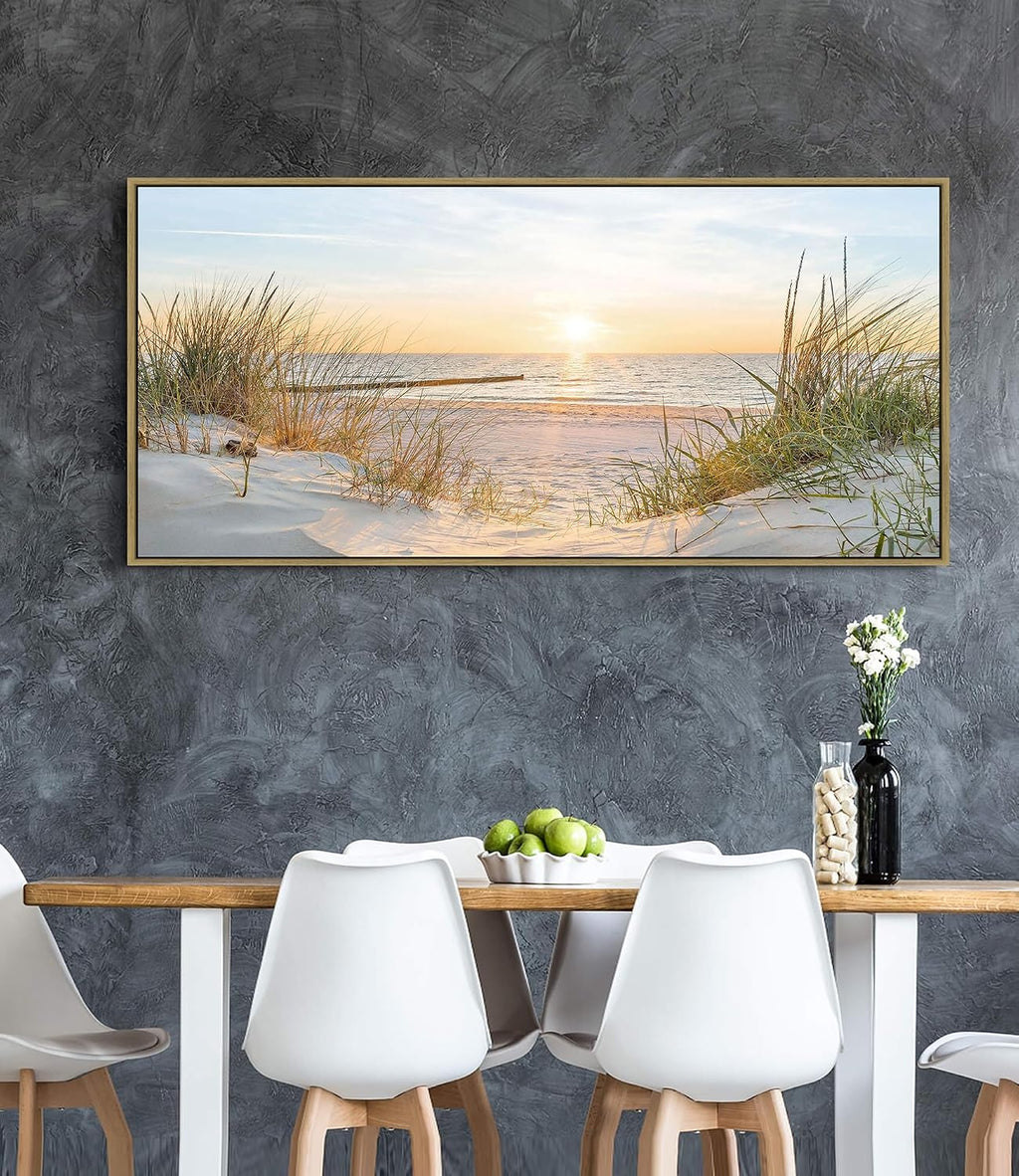 Canvas Framed Wall Art Beach: Ocean Coastal Large Picture Decor Seascape Sunset Scene Painting Sea Seaside Landscape Print Modern Seashore Grass Dunes Artwork for Bedroom Living Room