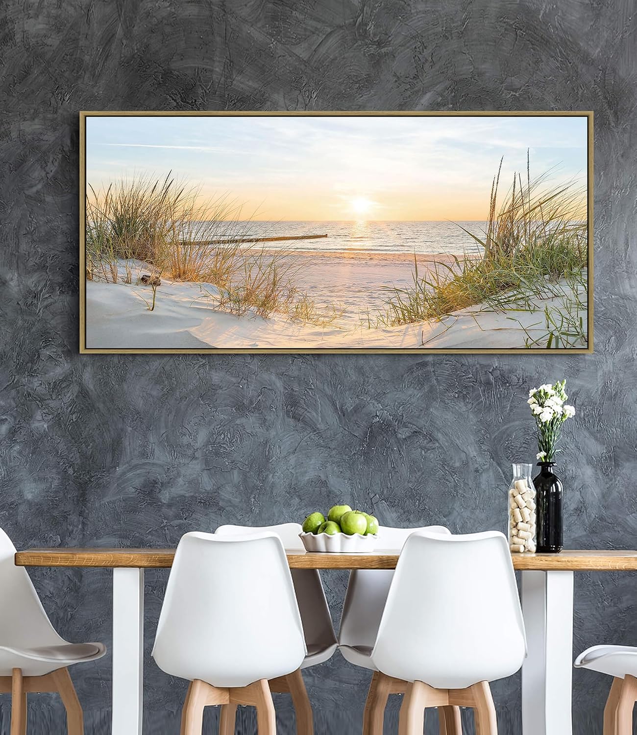 Canvas Framed Wall Art Beach: Ocean Coastal Large Picture Decor Seascape Sunset Scene Painting Sea Seaside Landscape Print Modern Seashore Grass Dunes Artwork for Bedroom Living Room