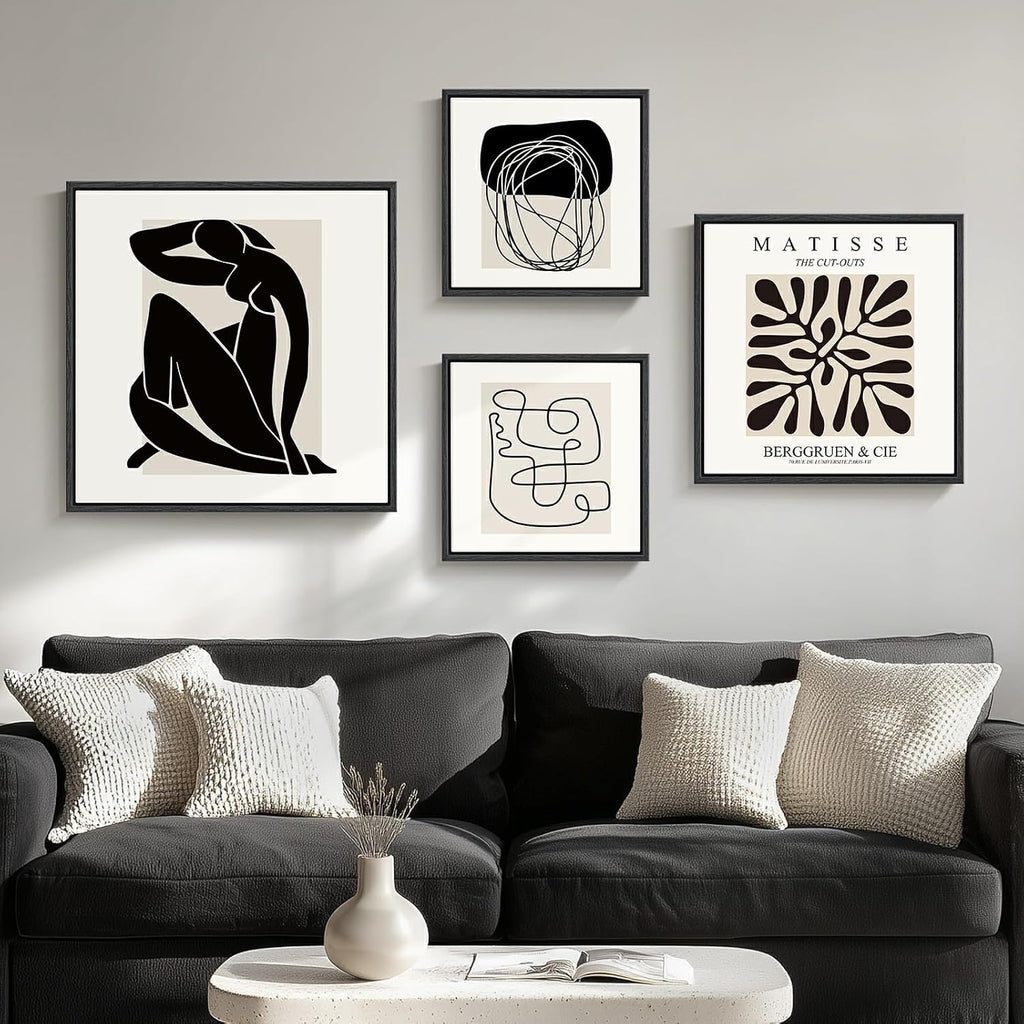 Framed Matisse Abstract Wall Art for Living Room, Set of 4 Piece Black and White Modern Canvas Artworks, Mid Century Neutral Beige Minimalist Painting Prints for Bedroom Hallway Office Wall Decor