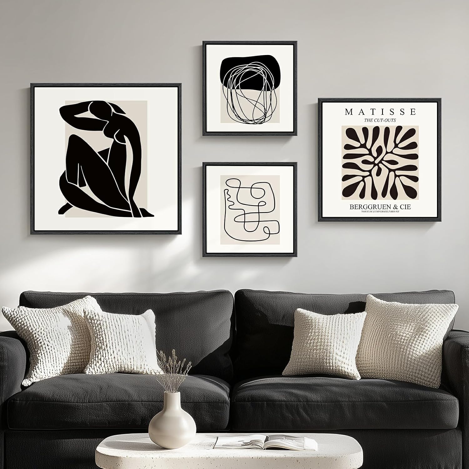 Framed Matisse Abstract Wall Art for Living Room, Set of 4 Piece Black and White Modern Canvas Artworks, Mid Century Neutral Beige Minimalist Painting Prints for Bedroom Hallway Office Wall Decor