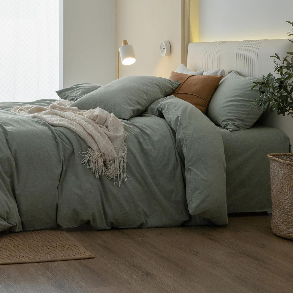 JIYUAN Alaska King Duvet Cover Set, 3-Piece - 100% Washed Cotton, Linen-Like Soft & Breathable with Zipper Closure, Includes 132x120 Inch Cover & 2 Pillowcases, Heathered Green