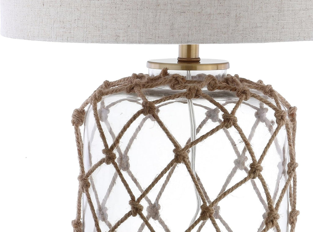 JONATHAN Y 26.5' Brown/Clear Glass and Rope Coastal LED Table Lamp, Nautical Jute Net Lamp for Living Room Bedroom Nightstand, Gray Linen Drum Shade, LED Bulb Included JYL5033A