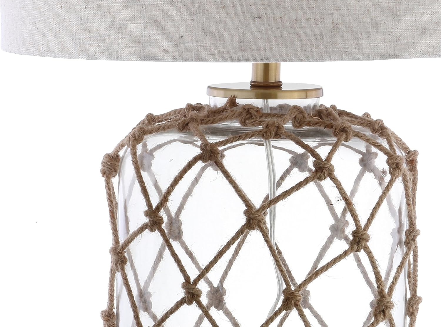 JONATHAN Y 26.5' Brown/Clear Glass and Rope Coastal LED Table Lamp, Nautical Jute Net Lamp for Living Room Bedroom Nightstand, Gray Linen Drum Shade, LED Bulb Included JYL5033A