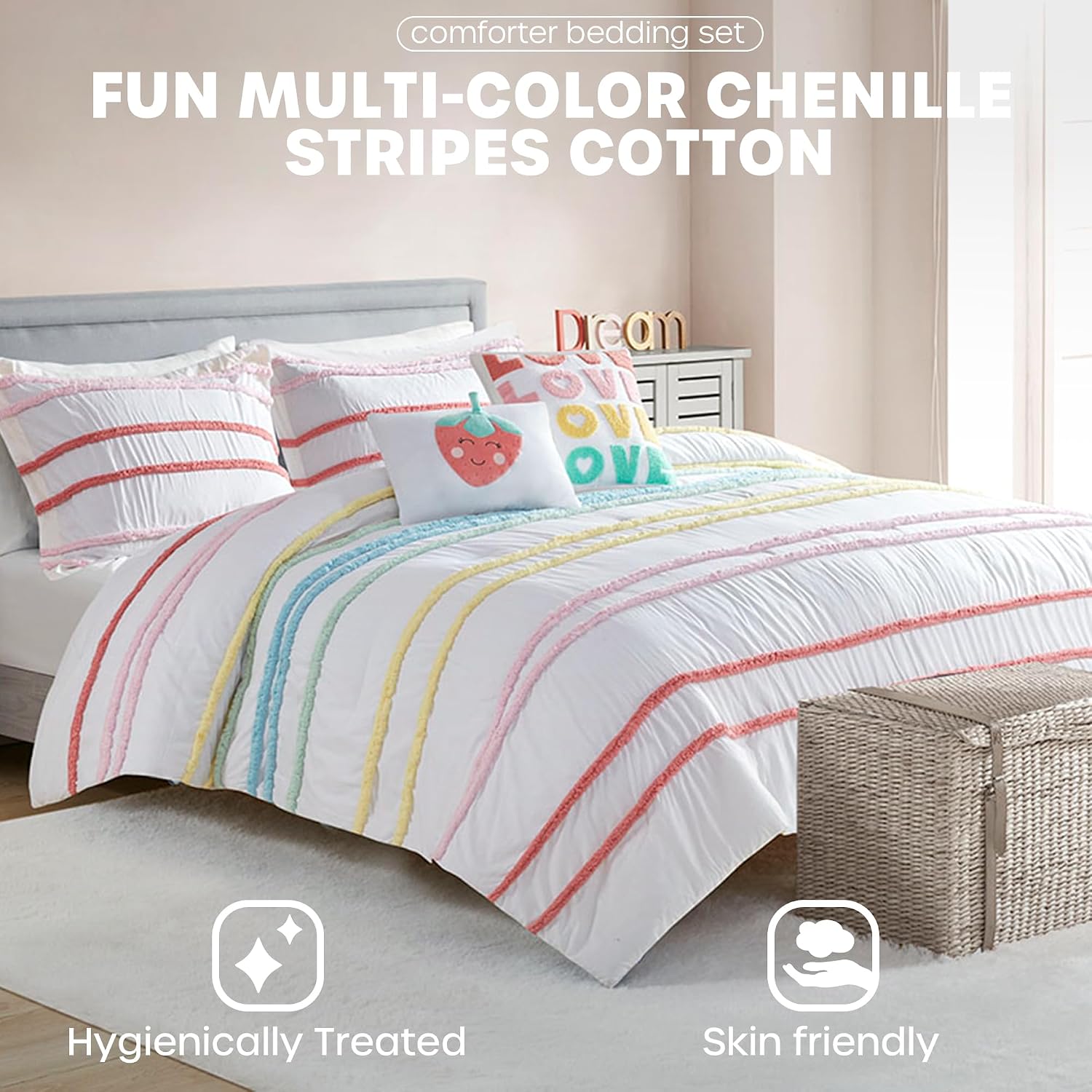 Intelligent Design Kids Twin Comforter Set, Cotton Comforter Set, Casual Fun Colors Chenille Stripes, All Seasons Fluffy Comforter Bed Set, 1 Sham, 2 Decor Pillows, Haisley, Twin, Pink Multi 4 Piece