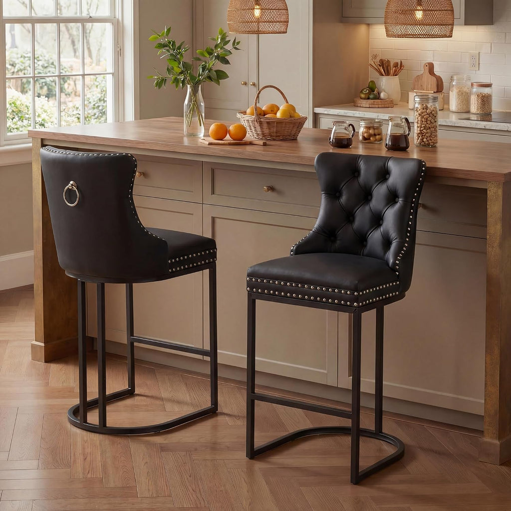 AQO 26 Inch Bar Stools Set of 2, Modern Counter Height Bar Stools with Backs, Upholstered Faux Leather Counter Stools for Kitchen Island, Black