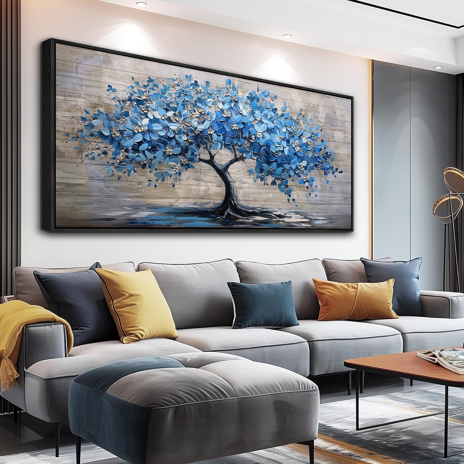 ERQINHUA Large Canvas Blue Tree Printed Painting Wall Decor For Living Room Office Wall Art For Bedroom Abstract Farmhouse Restaurant Mural Artwork Picture Home Decoration Black Framed 32x72 In