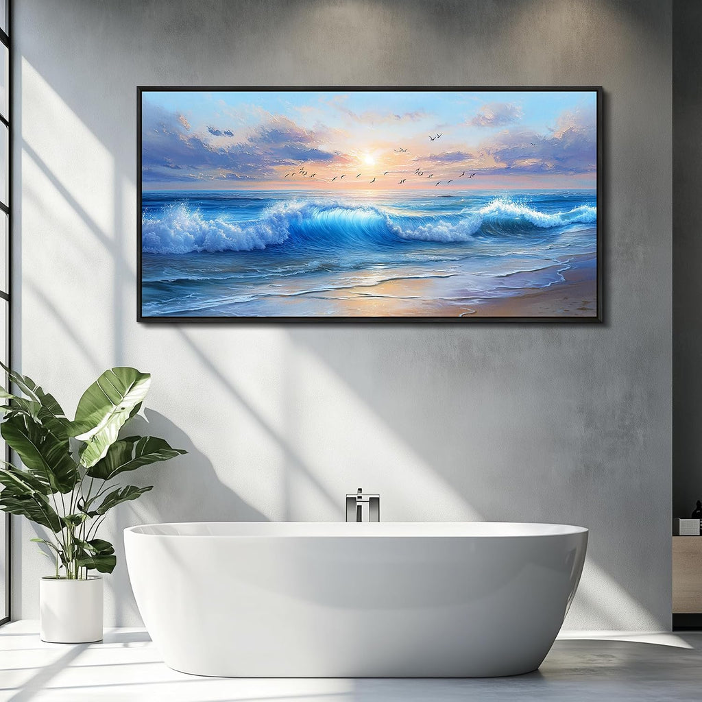 XIGUANGART Ocean Canvas Wall Art, Blue Sea Wave and Large Coastal Beach Paintings Sunset Seascape Pictures Framed Artwork Wall Decor for Living Room Bedroom Bathroom Kitchen Hallway Home Office