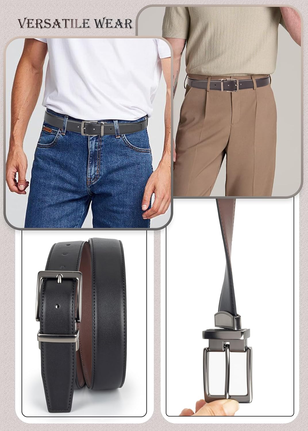 Reversible Belt for Men Black Brown PU Leather Belt with Alloy Pin Buckle, Mens Dress Belt for Work Casual, 1.3' Wide
