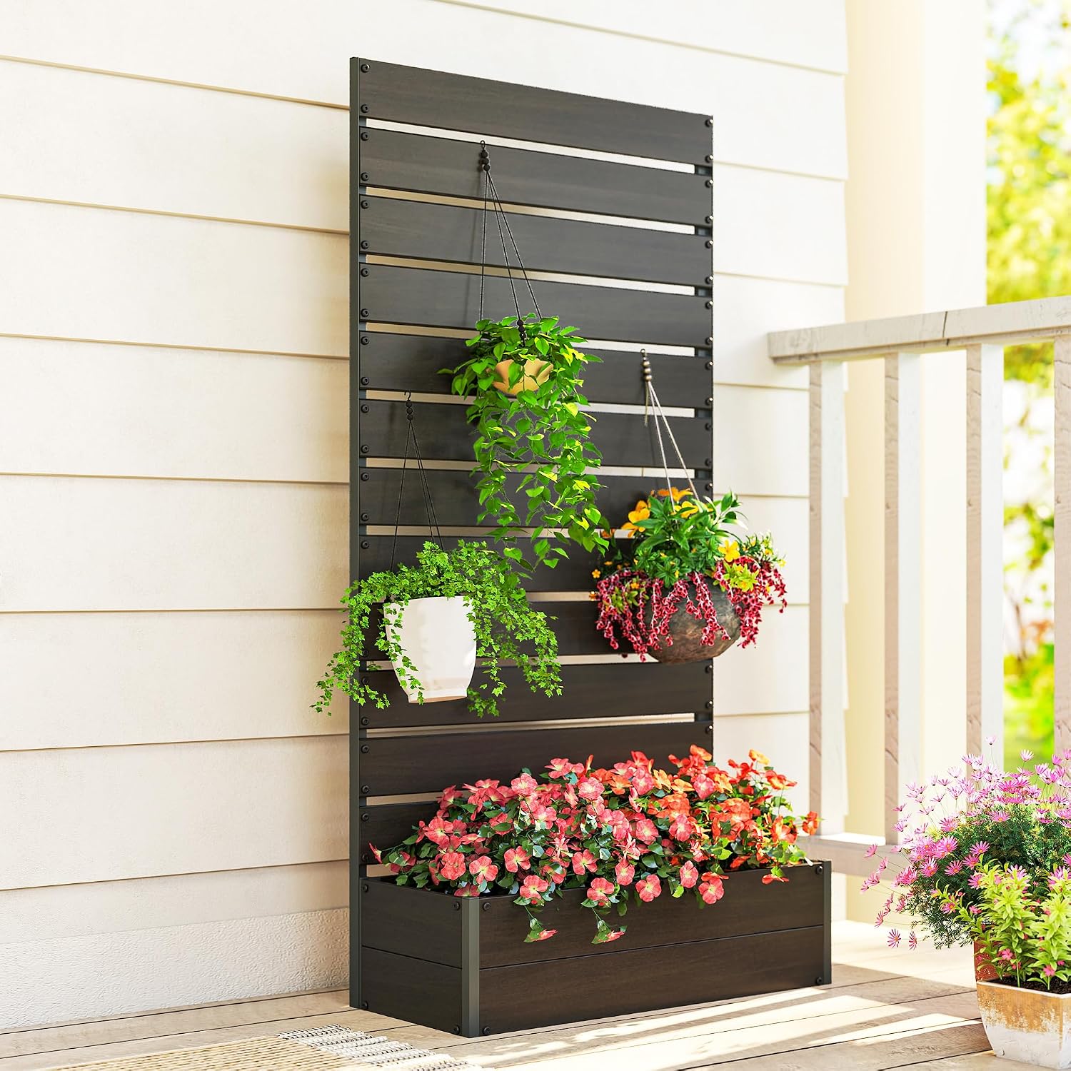 Outsunny Raised Garden Bed with Trellis for Climbing Plants, Planter Box with Self Draining Gap, Freestanding Trellis Planter for Outdoor, Patio, Deck, 35.75' x 15' x 70.75', Black