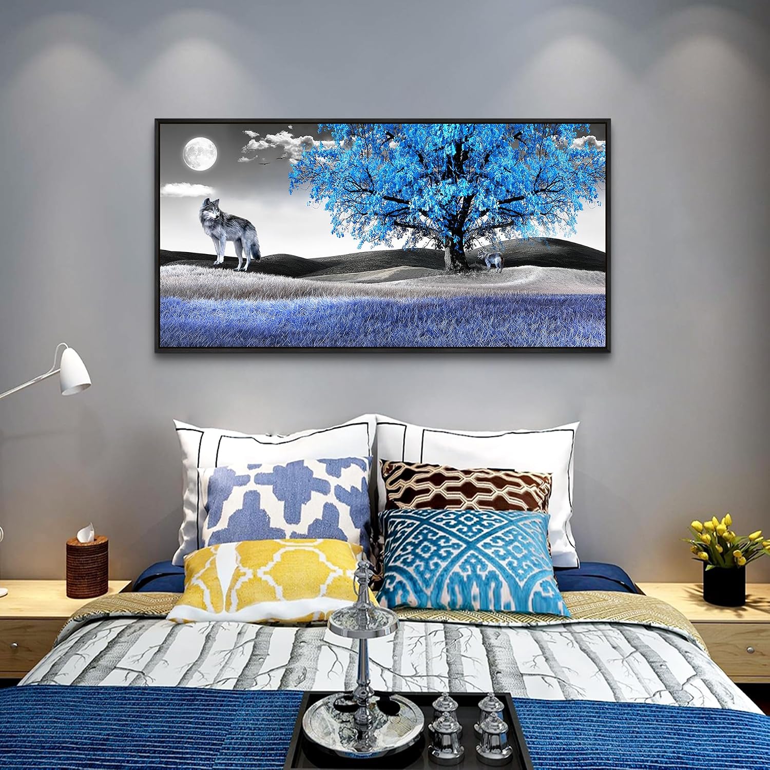 Wapluam Canvas Art Prints Wall Art For Living Room Large Wall Decor For Bedroom Modern Office Decorations Blue Tree and Wolfs Wall Pictures Black And White Paintings Room Black Framed Home Artwork