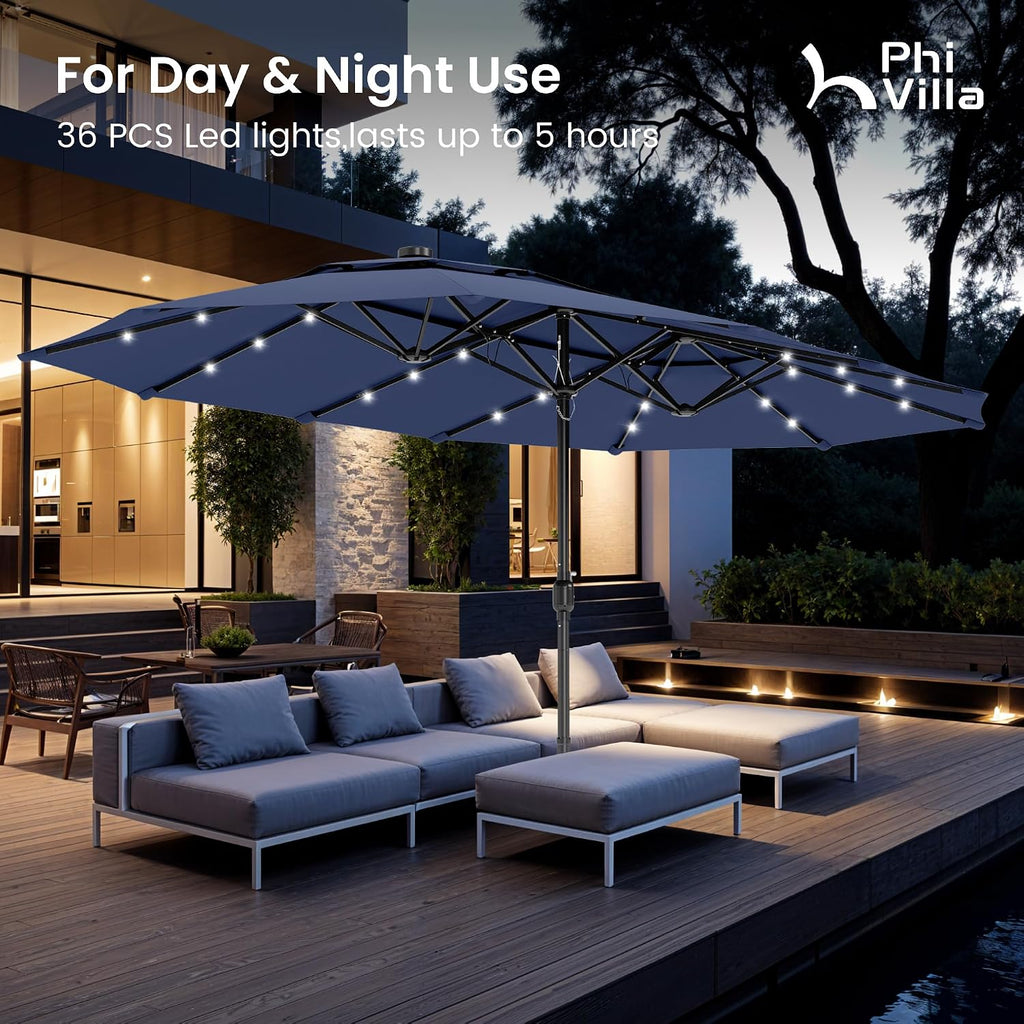 PHI VILLA 15ft 2-Tier Large Patio Umbrella with Solar Lights, Double-Sided Outdoor Market Rectangle Umbrellas with 36 LED Lights, Umbrella Base (Stand) Included, Blue