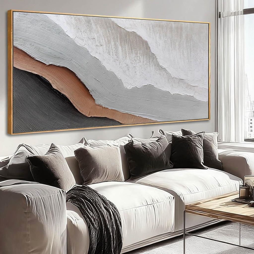 Textured White Wall Art,Grey Abstract Artwork,Large Framed Modern Pictures,Wave Landscape Oil Painting 24'x48'for Home Office Gallery