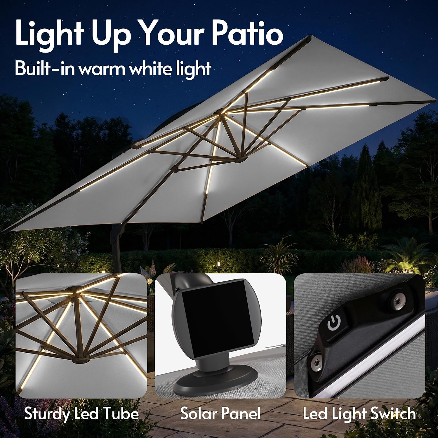 ENSTVER 11x11ft Large Cantilever Umbrella With Base Included & Solar Powered Led Lights, Deluxe Curvy All-Aluminum Rectangular Patio Umbrella For Deck, Pool And Backyard (Grey)