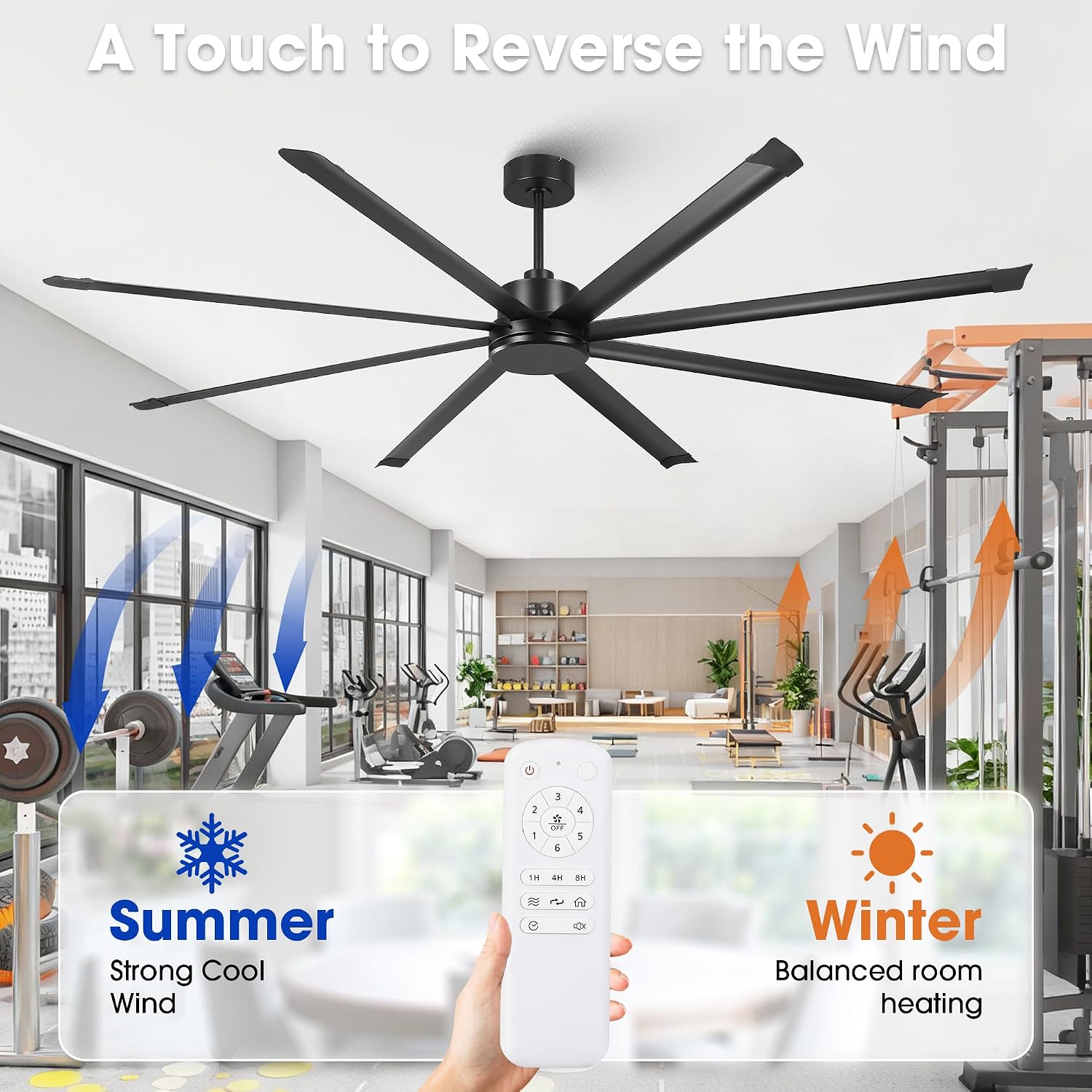 100 Inch Ceiling Fans without Lights, Big Industrial Black Ceiling Fan No Light with Remote Control, High Airflow Quiet Reversible DC Motor, 8 Aluminum Blades, Commercial Fan for Shop Gym Warehouse