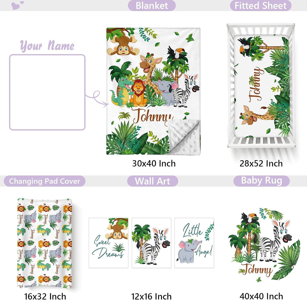 Personalized Baby Crib Bedding Set, 5 Pcs Custom Name Nursery Bedding Set for Girls Boys, Jungle Animals Baby Crib Set for Toddlers Infants, Double Layer Bedding Crib Sets Customized Gifts