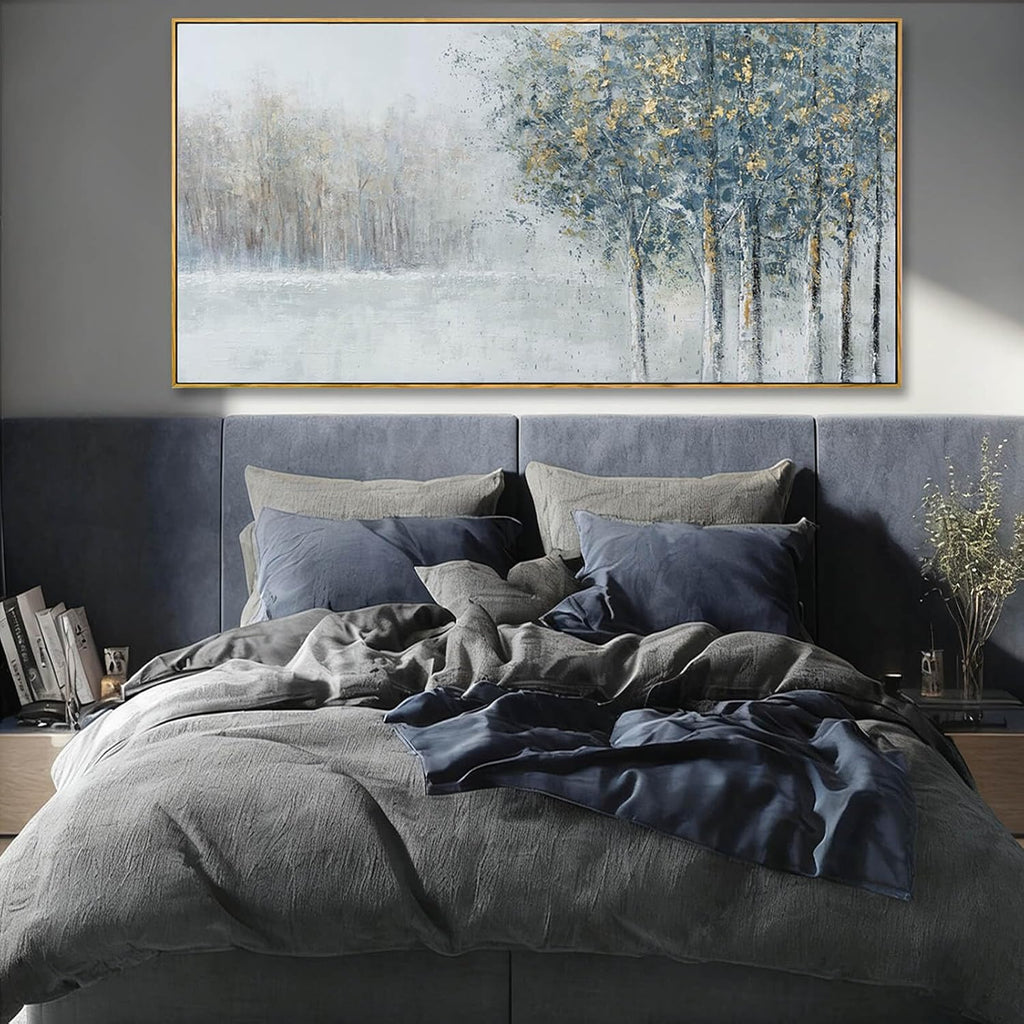 Grey Blue Tree of Life Wall Art 29x58 Inch, Large Framed Canvas Artwork with Wooden Frame, Pictures for Bedroom Wall Decor, Contemporary Forest Painting for Living Room or Hallway
