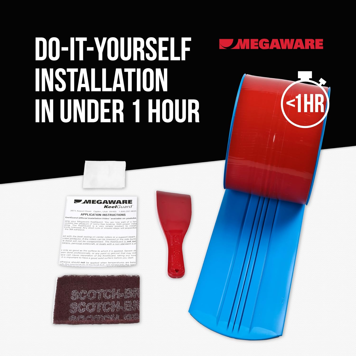MEGAWARE KEELGUARD USA-Made, Original DIY Keel Guard, 5-Inch Wide, 4-12ft Sizes, 11 Colors, Complete Install Kit with Primer, Hull Protector, for Fiberglass and Some Aluminum Boats, Marine-Grade