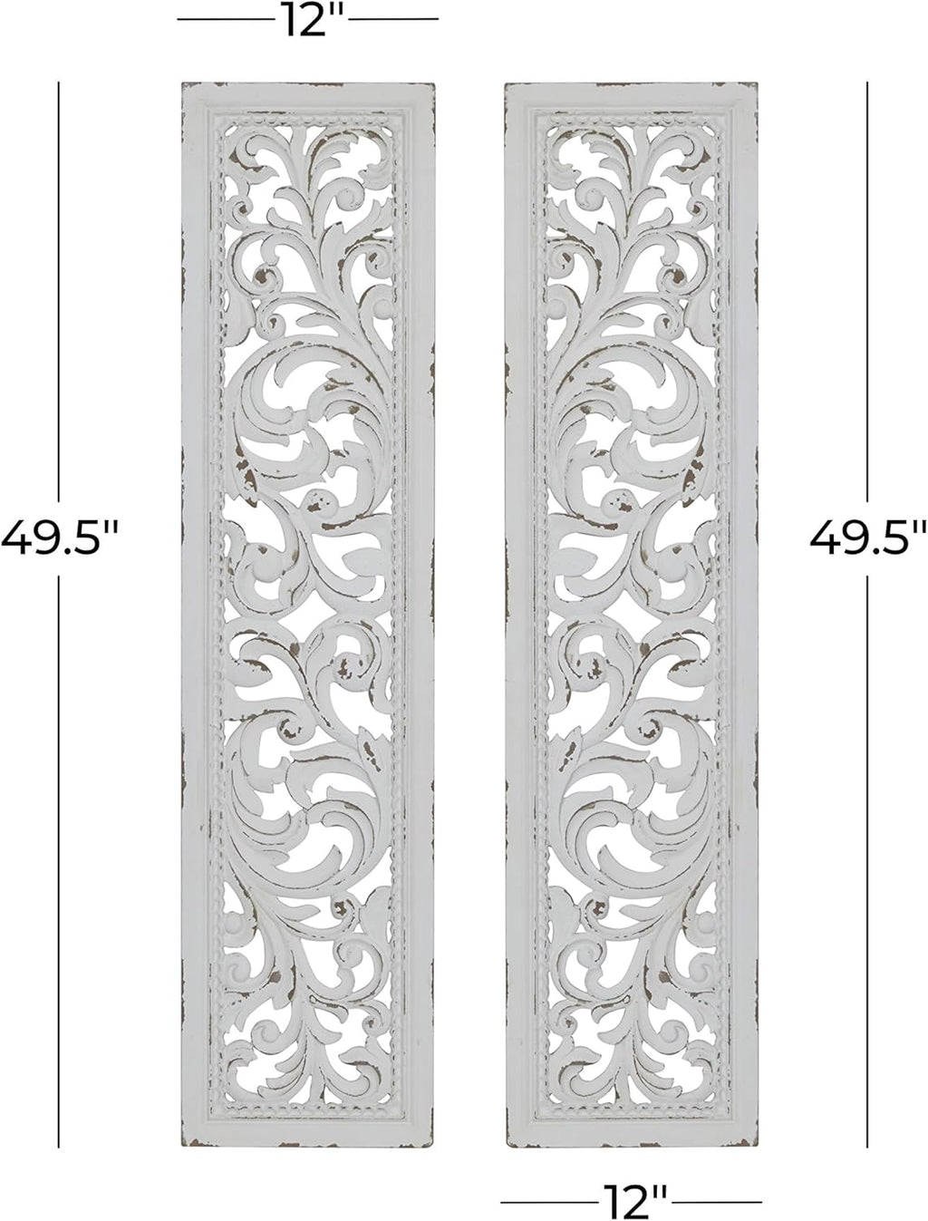 Deco 79 Wood Floral Home Wall Decor Intricately Carved Scroll Wall Sculpture, Set of 2 Wall Art 12'W, 50'H, White