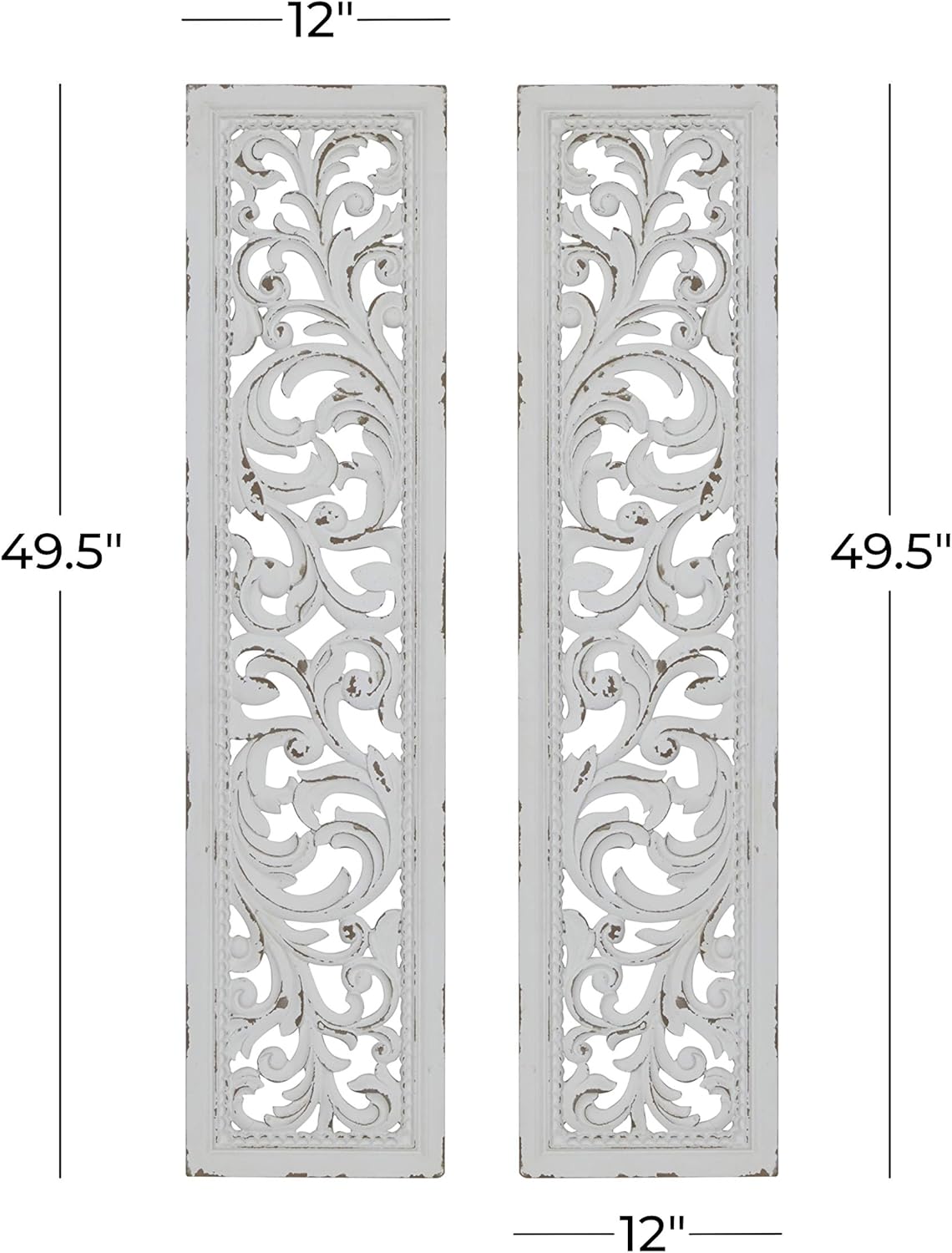 Deco 79 Wood Floral Home Wall Decor Intricately Carved Scroll Wall Sculpture, Set of 2 Wall Art 12'W, 50'H, White