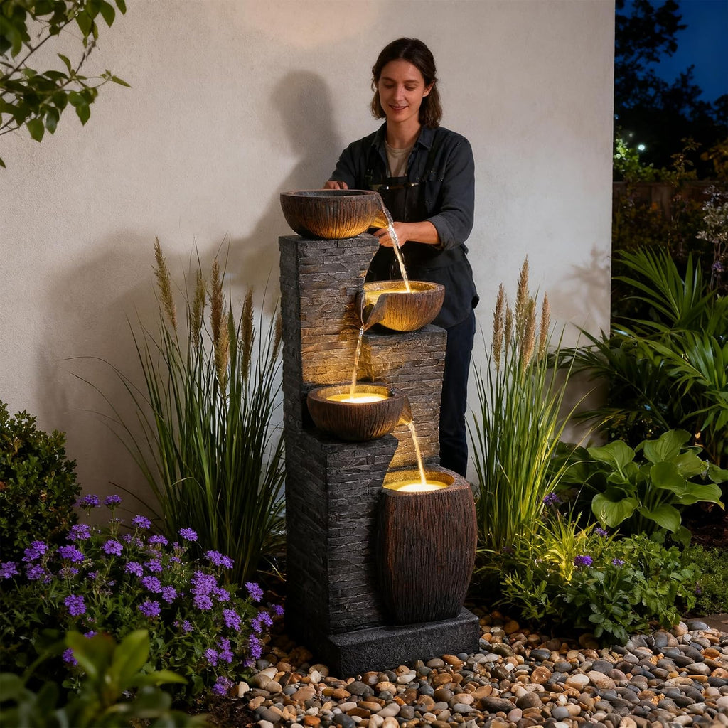 38.2' Tall Water Fountain Outdoor Garden,4 Tiers Modern Cascading Bowls and Stacked Stones Indoor Fountains with LED Lights for Garden, Patio, Deck, Porch, Backyard and Home Art Decor(Grey)