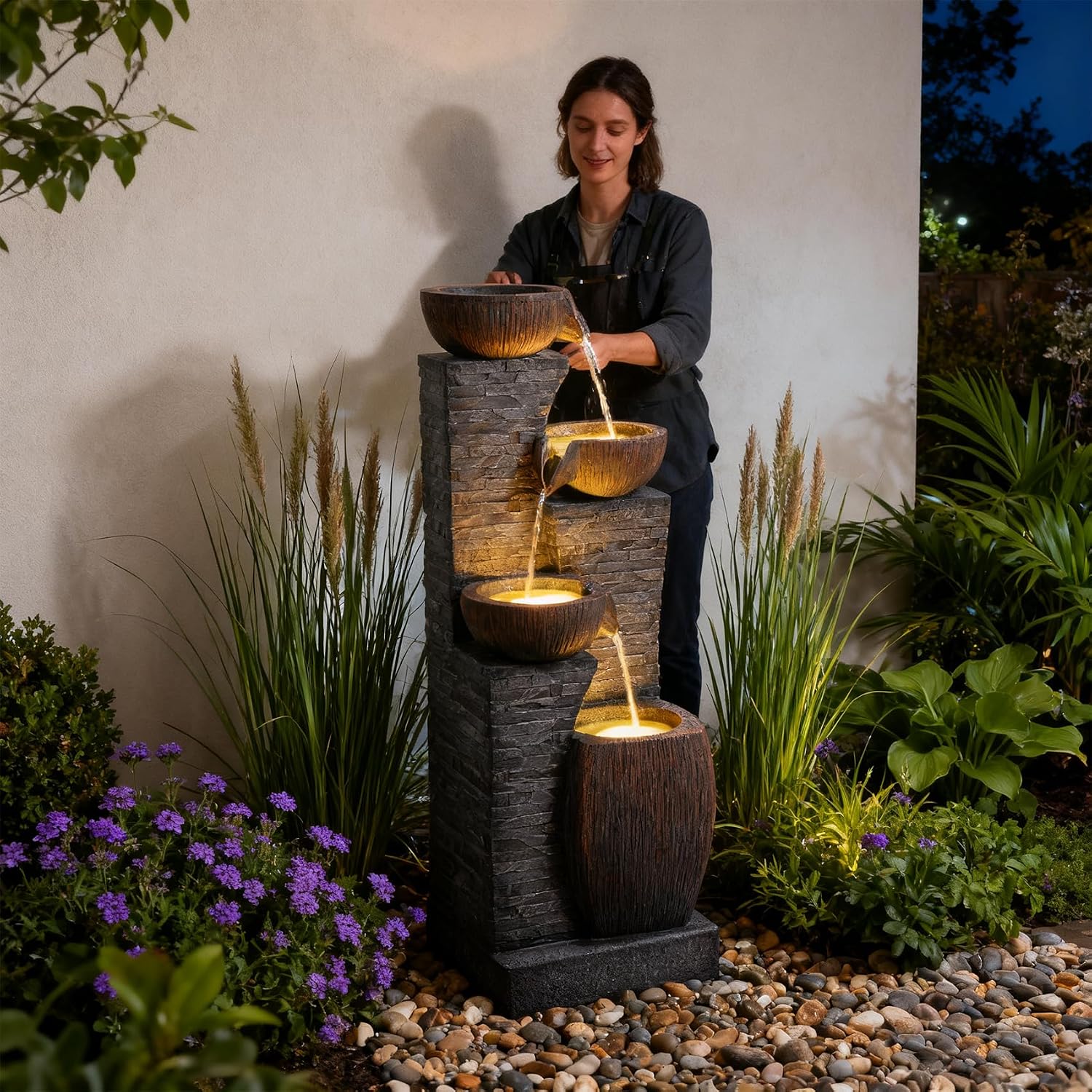 38.2' Tall Water Fountain Outdoor Garden,4 Tiers Modern Cascading Bowls and Stacked Stones Indoor Fountains with LED Lights for Garden, Patio, Deck, Porch, Backyard and Home Art Decor(Grey)