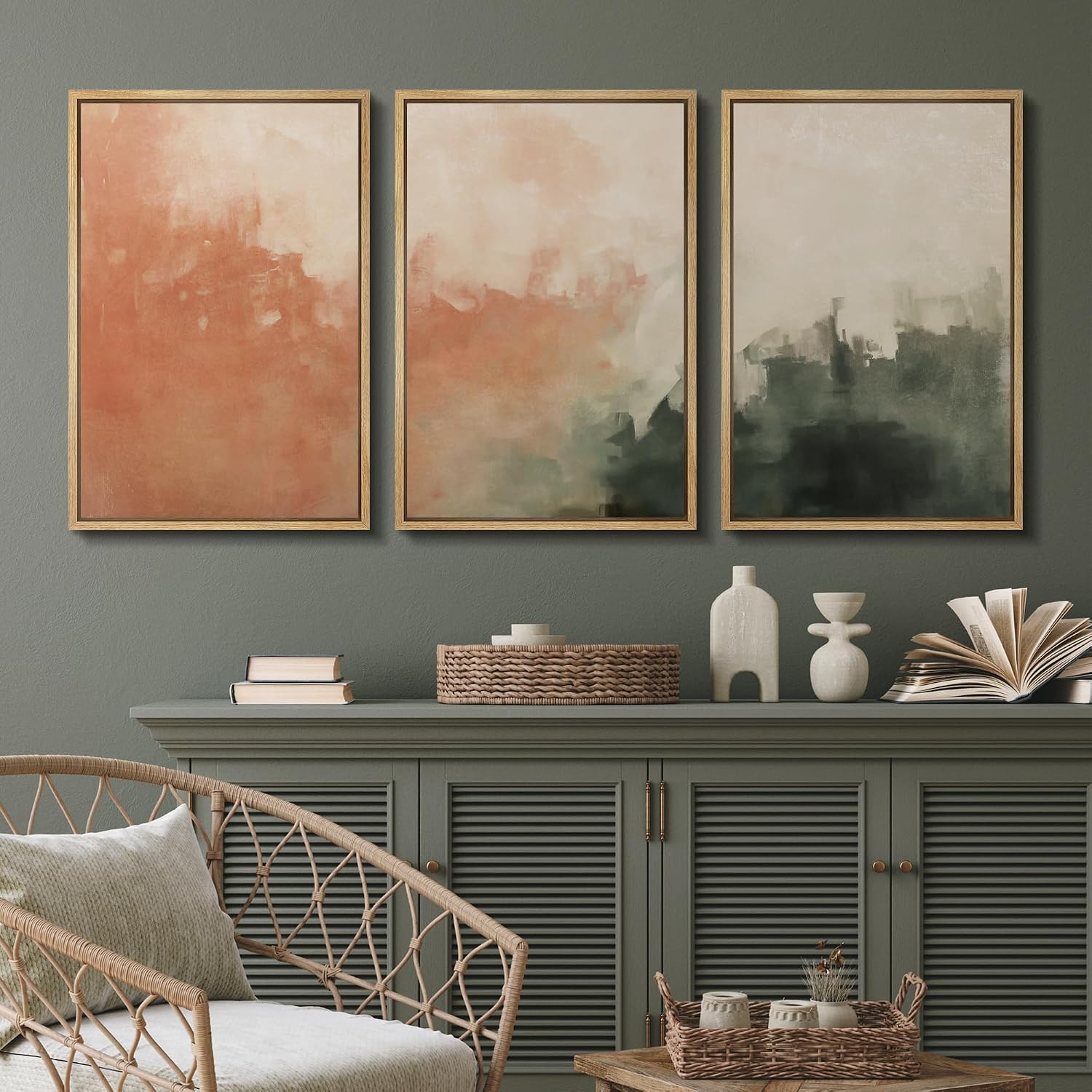 SIGNFORD Framed Canvas Print Wall Art Set Sunset Mist Abstract Coral and Green Illustrations Modern Art Relax/Calm for Living Room, Bedroom, Office - 24'x36'x3 Natural