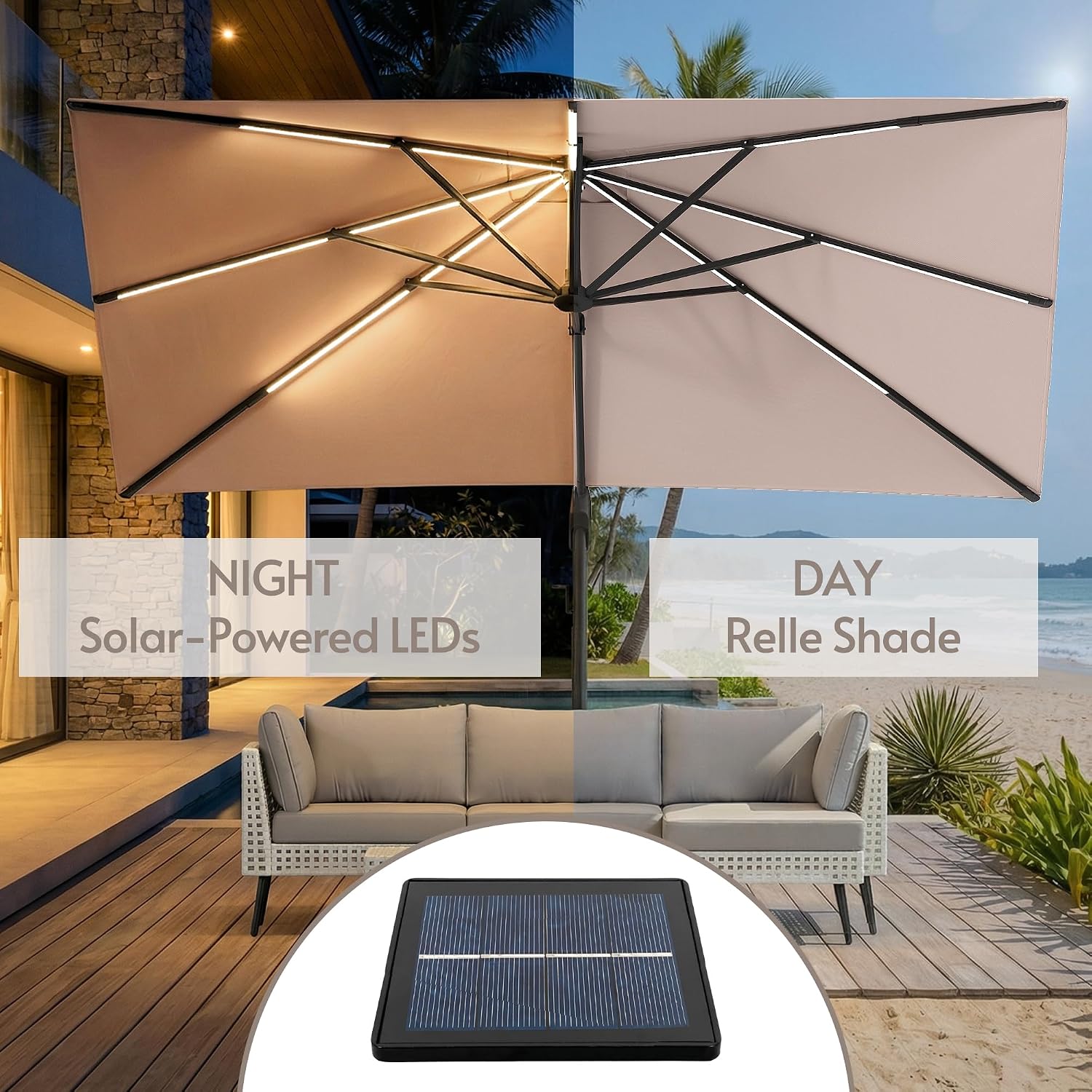ENSTVER 11x11ft Large Cantilever Umbrella With Base Included & Solar Powered Led Lights, Deluxe Curvy All-Aluminum Rectangular Patio Umbrella For Deck, Pool And Backyard (Champagne)