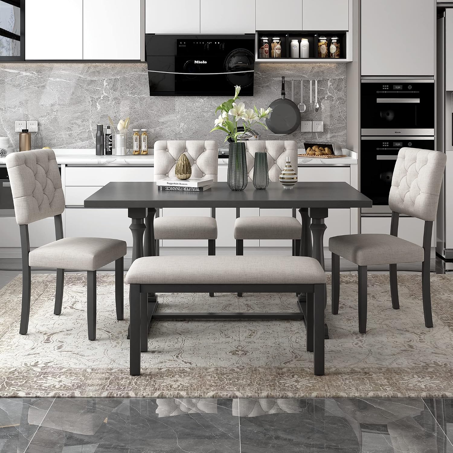 Retro 6-Piece Kitchen Dining Table Set with Comfortable Upholstery Chairs and Bench, Solid Wood Dining Table with Special-Shaped Legs, Suitable for Family Use (Gray-Comfort)