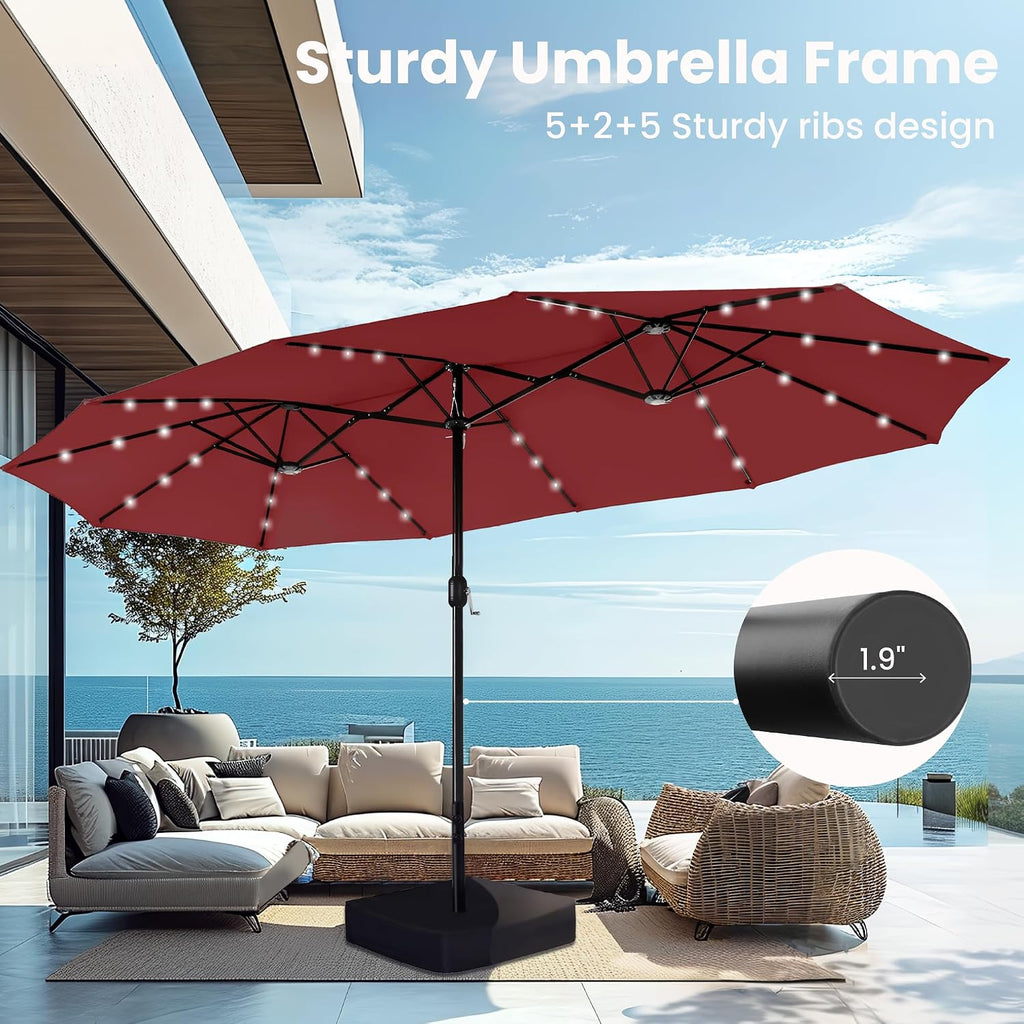 PHI VILLA 15ft Large Patio Umbrellas with 36 LED Solar Lights, Double-Sided Outdoor Market Rectangle Umbrellas, Base (Stand) Included, Dark Red